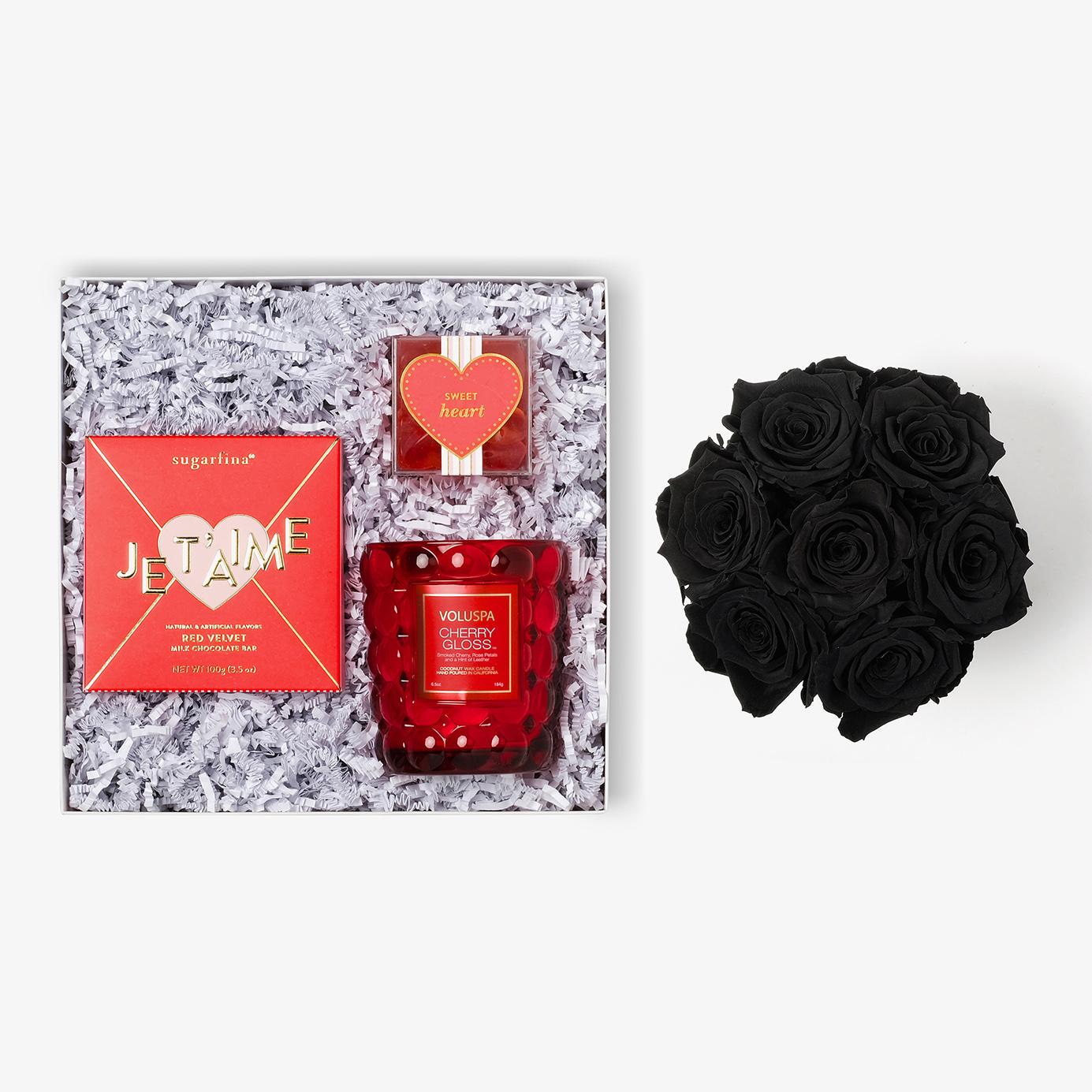 Candle & Treats - Medium Bloom Box - Black Rose - White Box