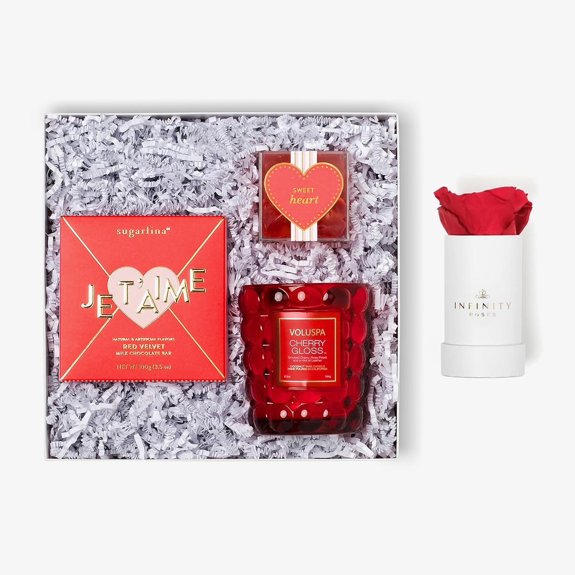 Candle & Treats - Single Rose Box - Red Rose - White Box