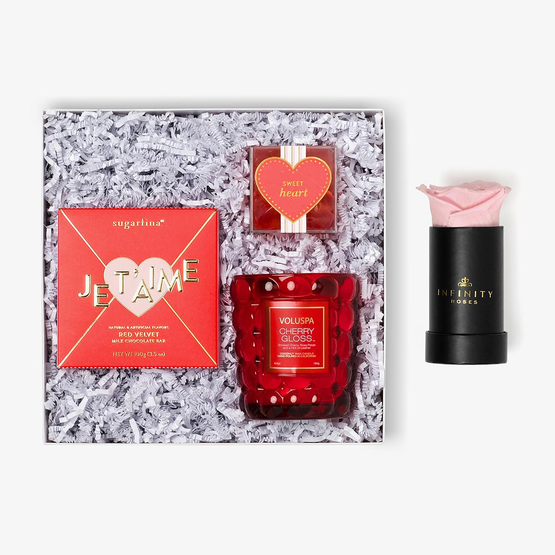 Candle & Treats - Single Rose Box - Pink Rose - Black Box
