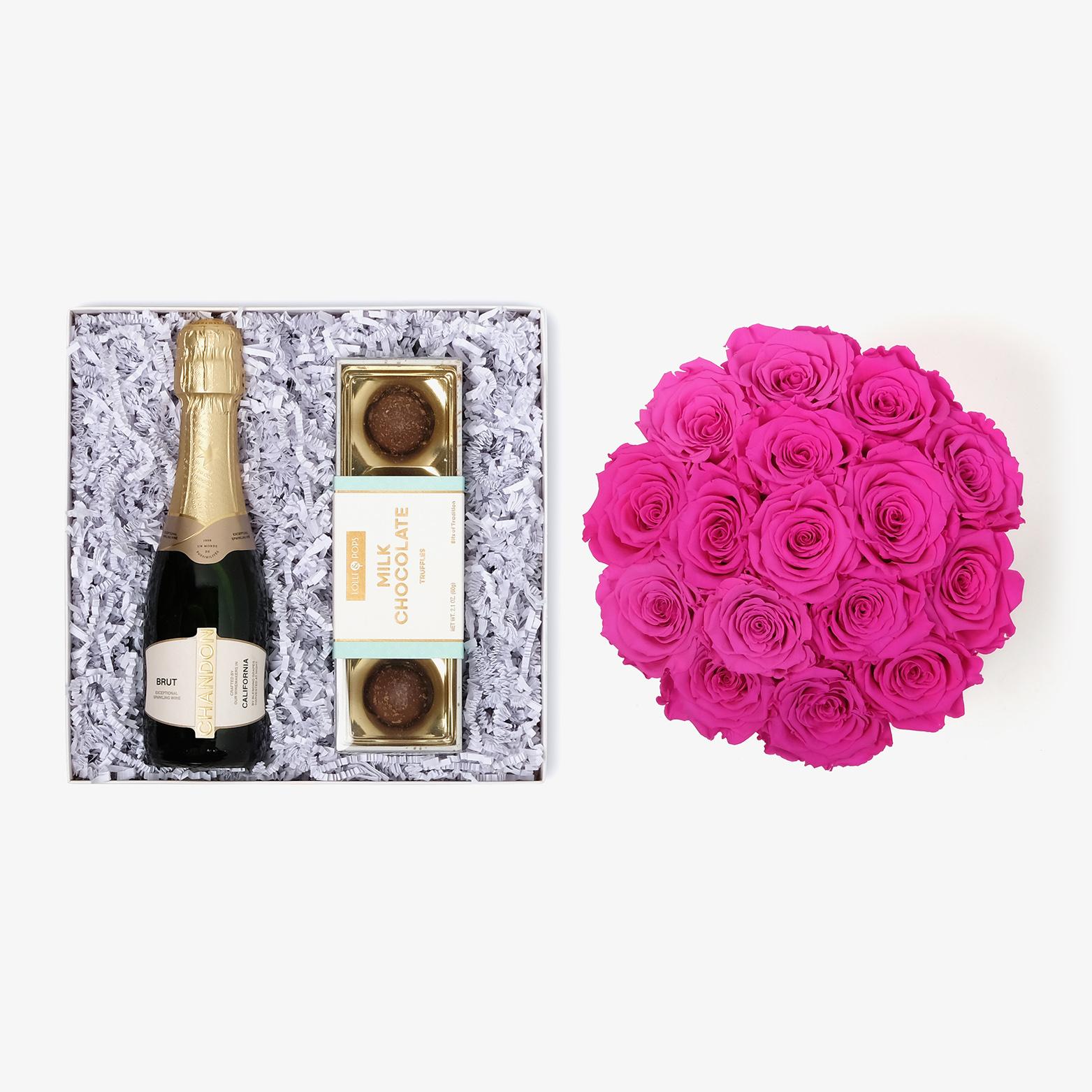 Champagne & Truffles - Large Bloom Box - Hot Pink Rose - Black Box