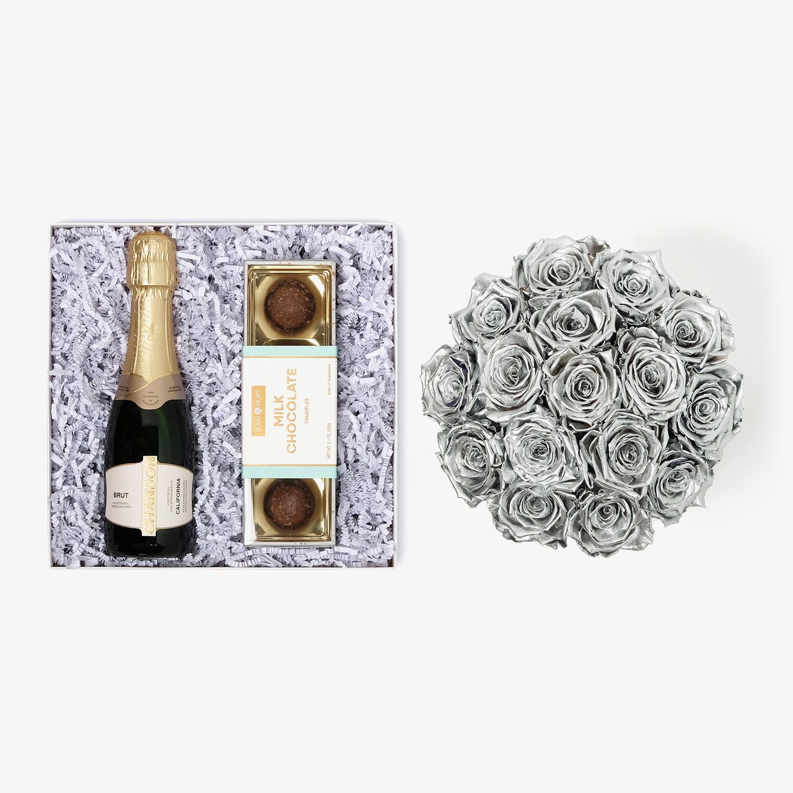Champagne & Truffles - Large Bloom Box - Silver Rose - White Box