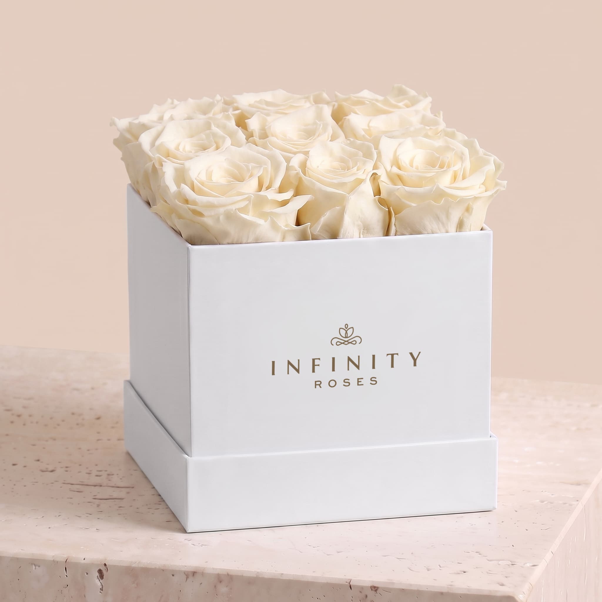 Medium Square Rose Box - Ivory Rose - White Box