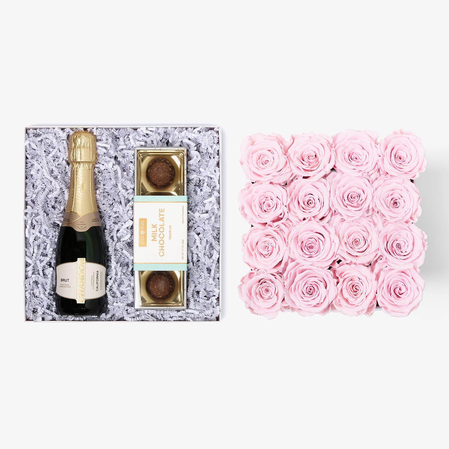 Champagne & Truffles - Large Square Box - Pink Rose - White Box