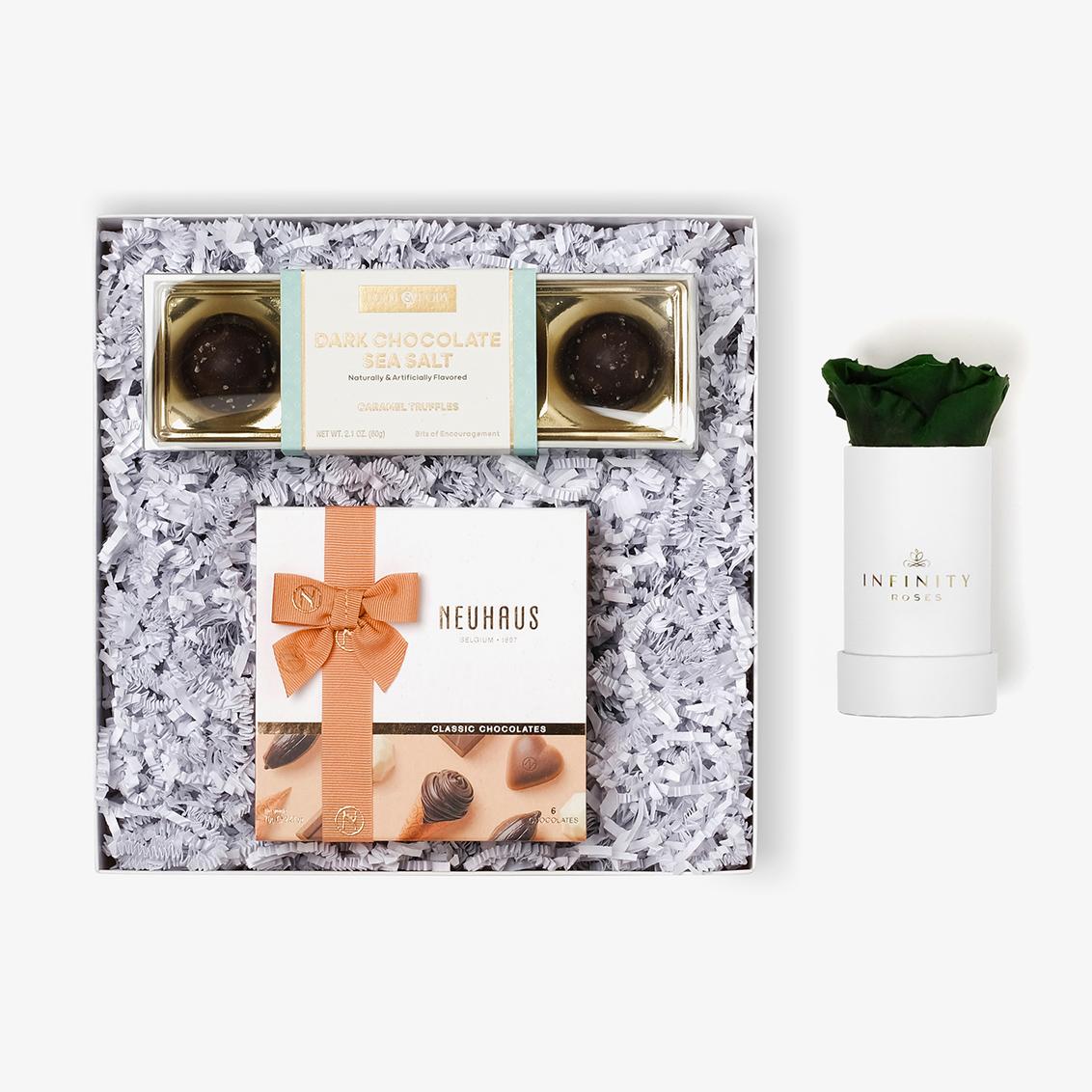 Chocolate Duo Luxe - Single Rose Box - Emerald Green Rose - White Box