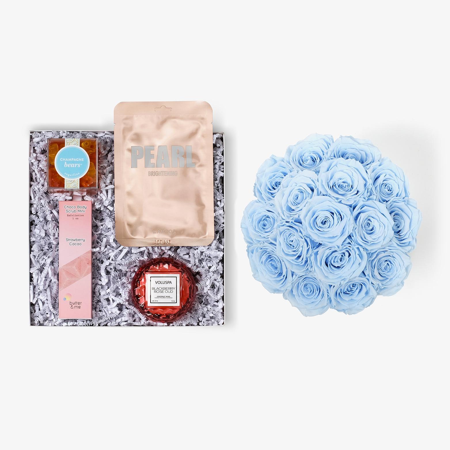 Pamper Bundle - Large Bloom Box - Baby Blue Rose - White Box