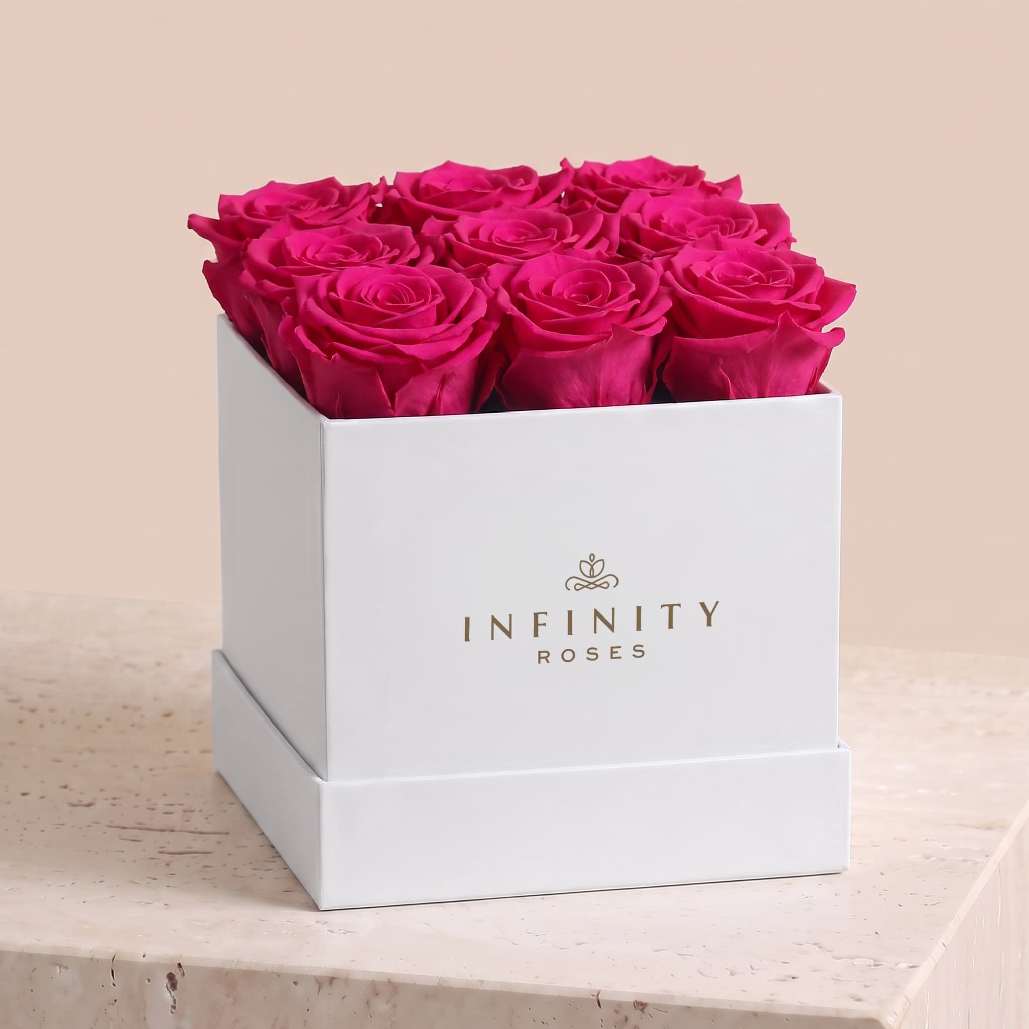 Medium Square Rose Box - Fuchsia Rose - White Box