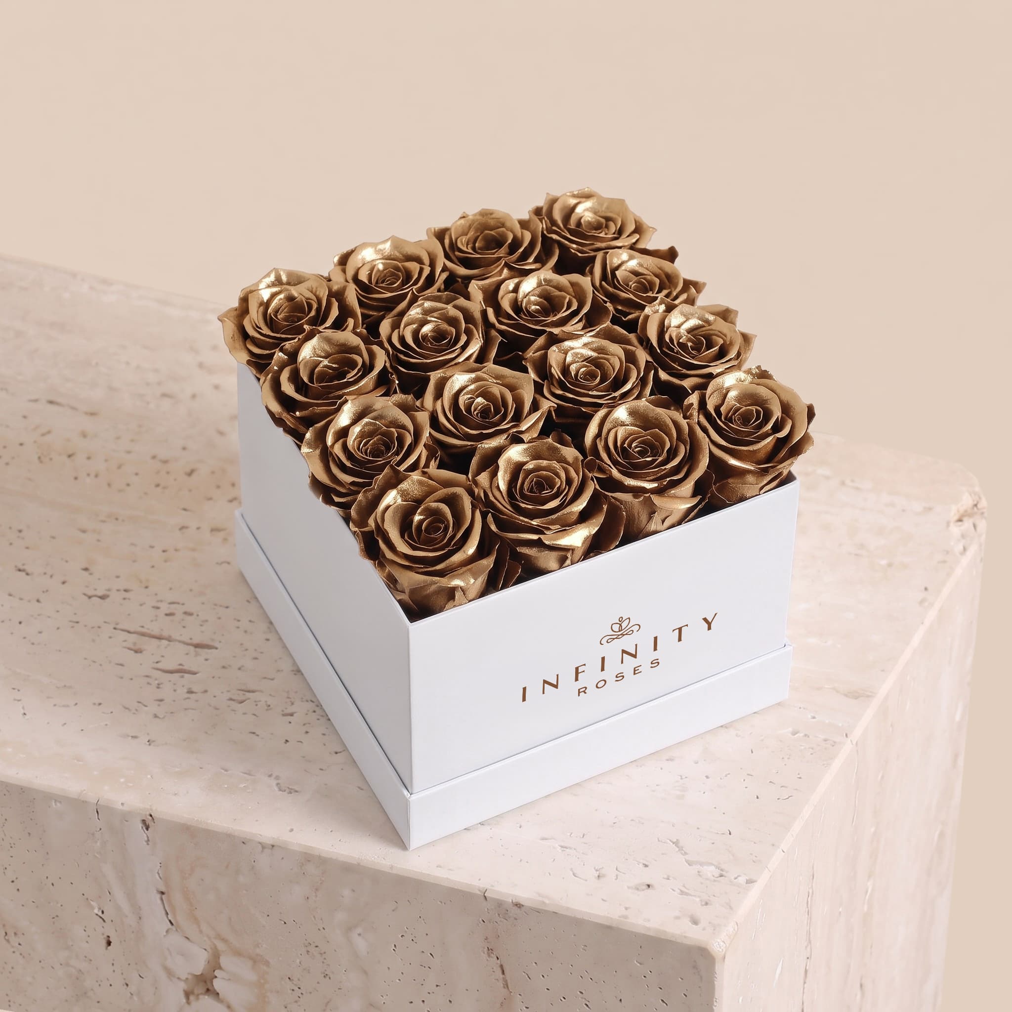Large Square Rose Box - Gold Rose - White Box