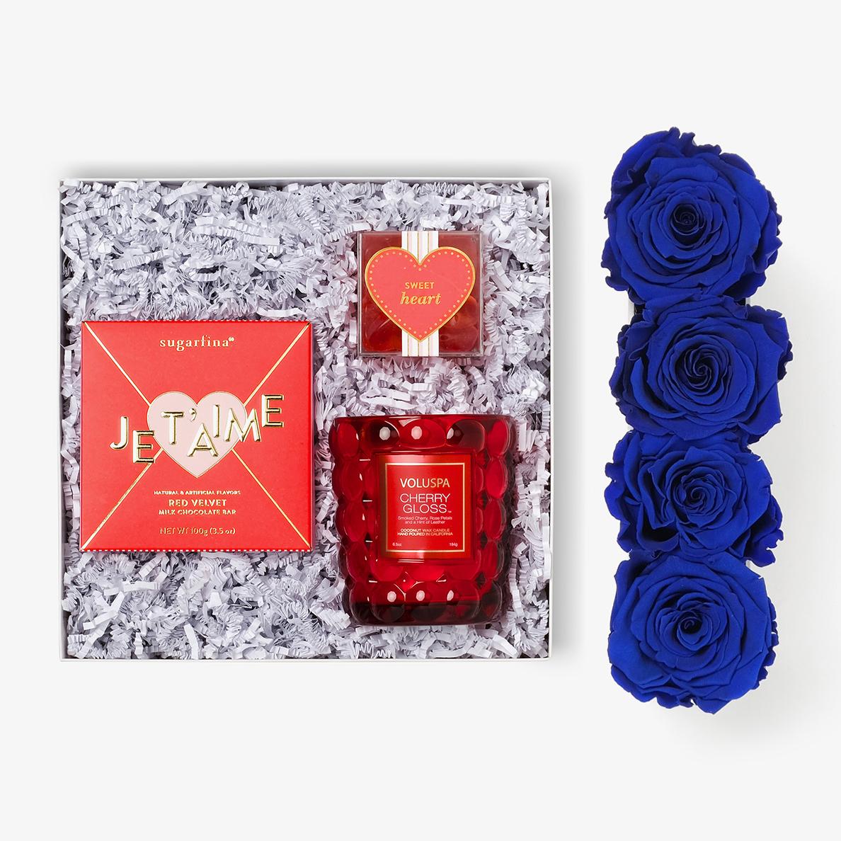 Candle & Treats - Small Rose Box - Royal Blue Rose - White Box