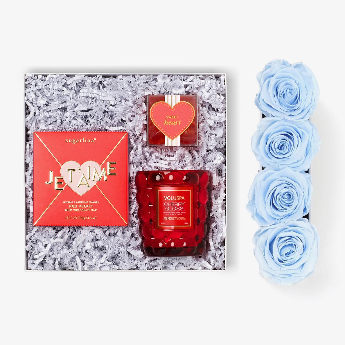 Candle & Treats - Small Rose Box - Baby Blue Rose - White Box