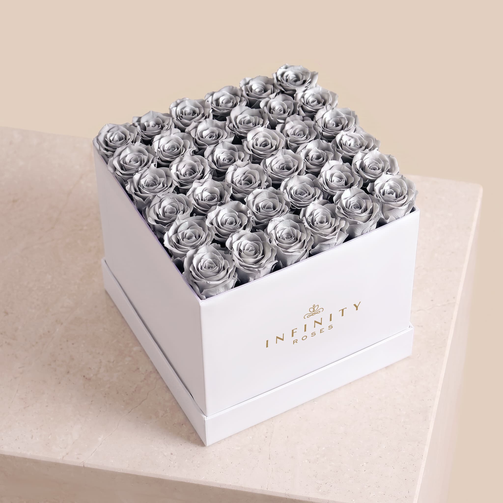 Grand Square Rose Box - Silver Rose - White Box