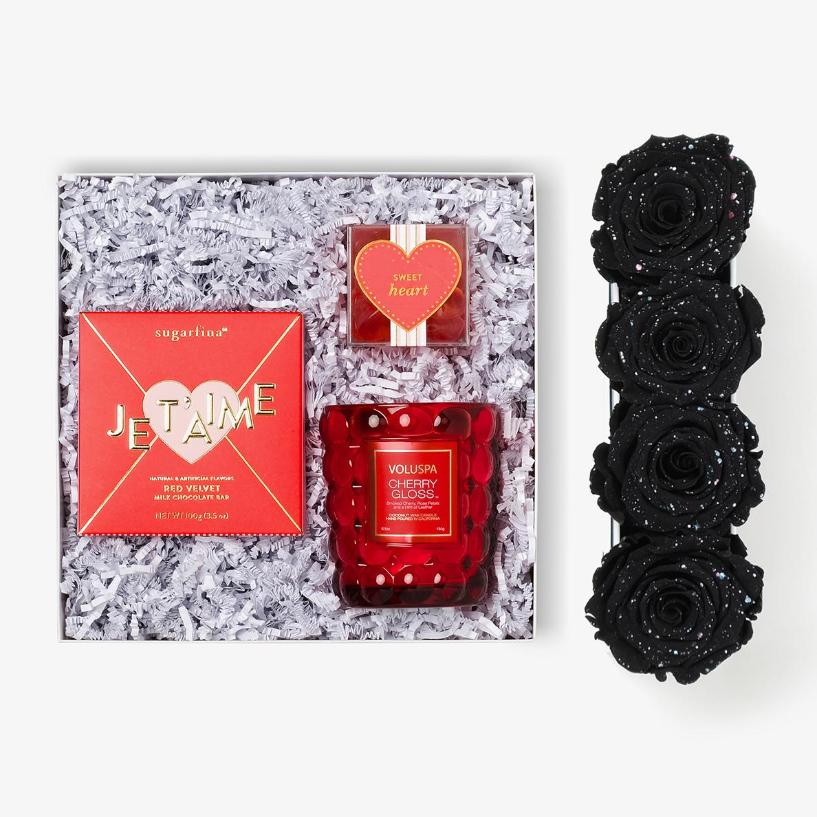 Candle & Treats - Small Rose Box - Black Galaxy Rose - White Box