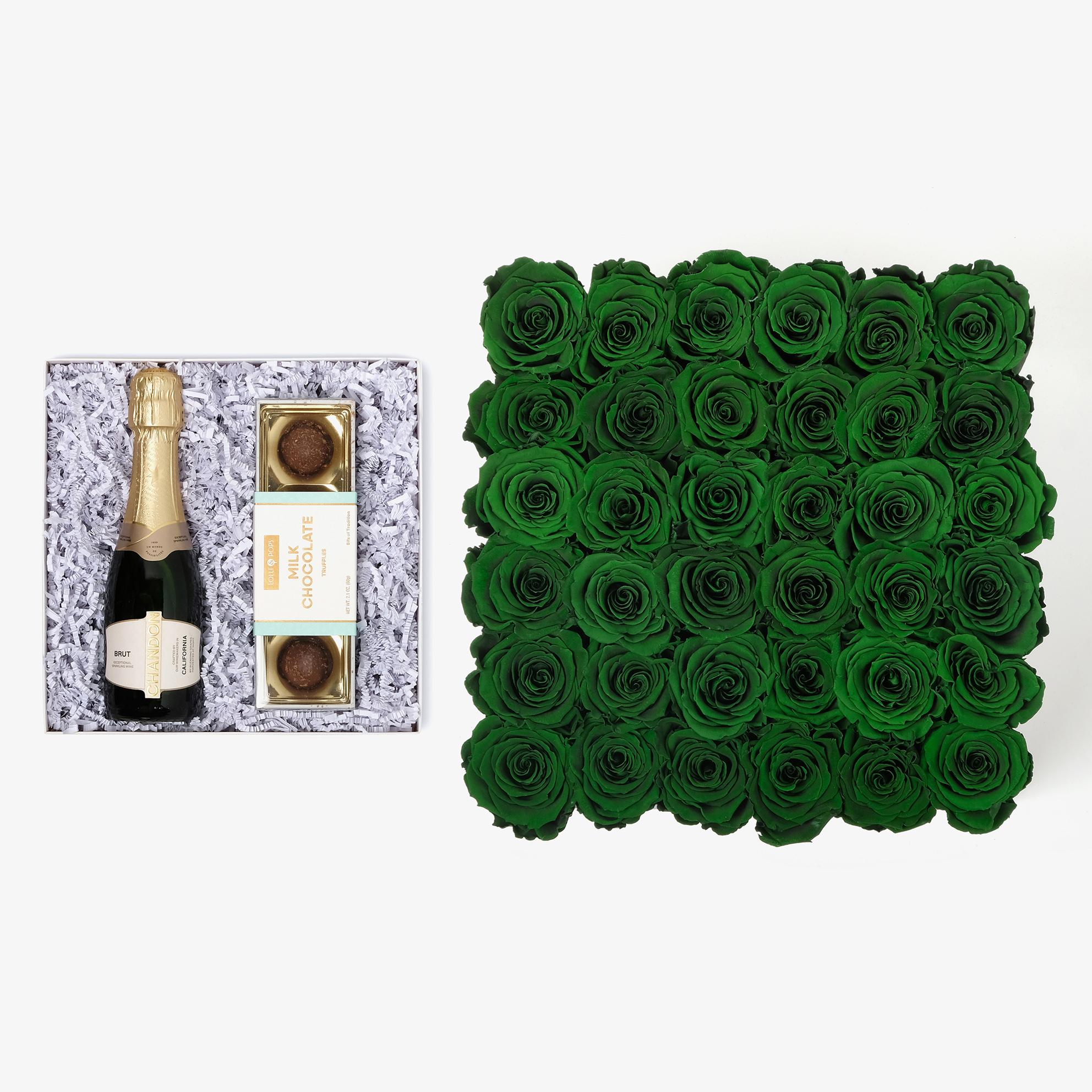 Champagne & Truffles - Grand Square Box - Emerald Green Rose - White Box