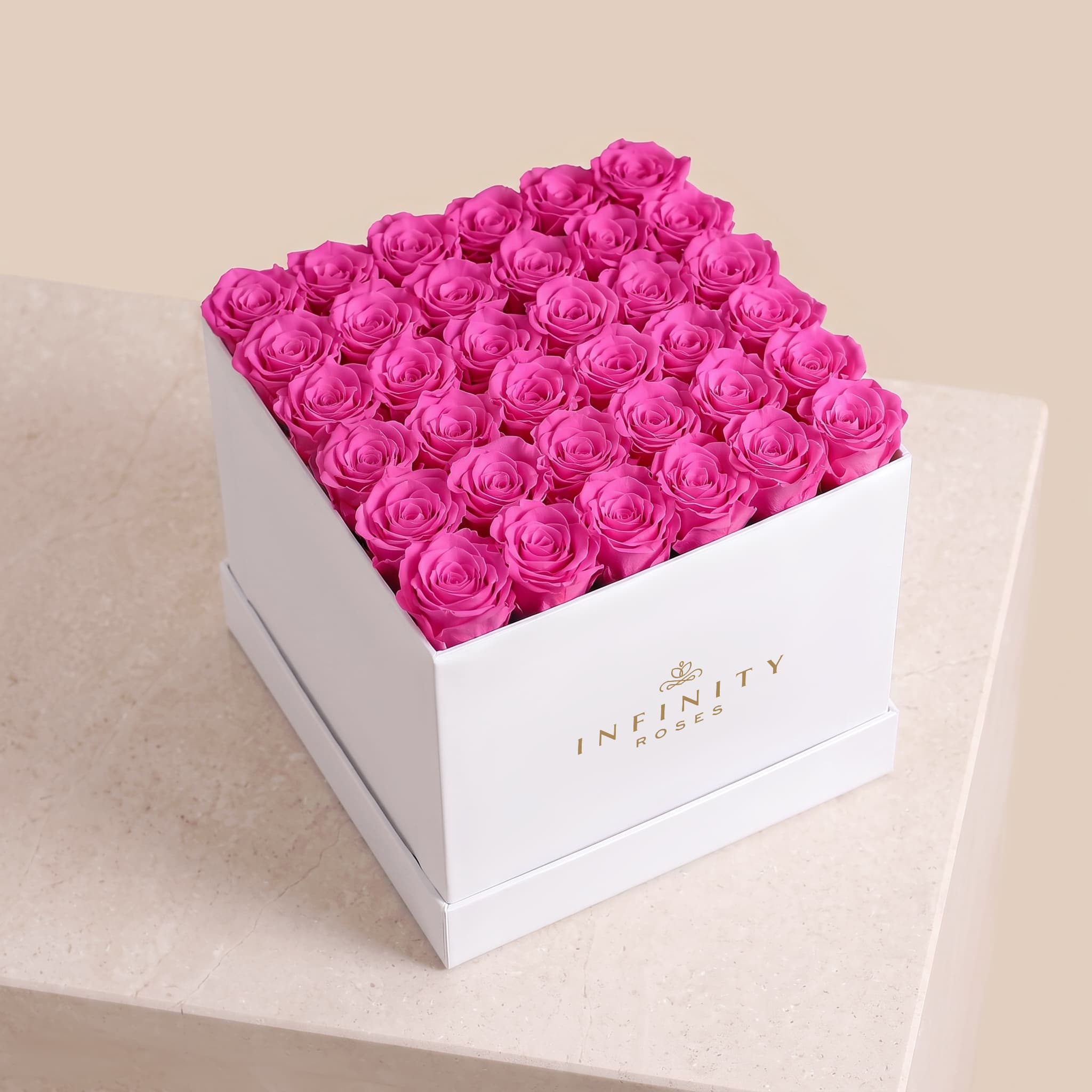 Grand Square Rose Box - Hot Pink Rose - White Box