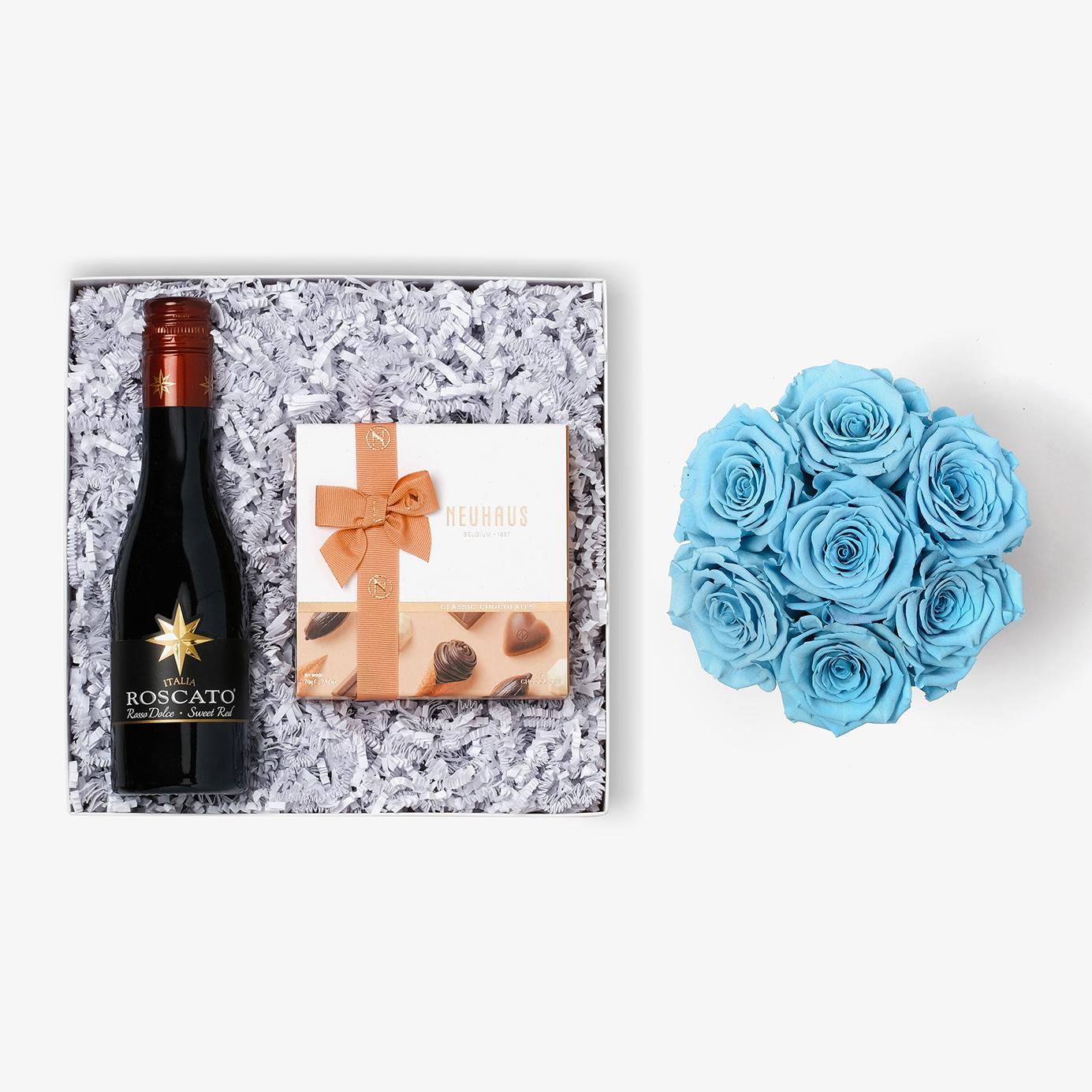 Wine & Truffles - Medium Bloom Box - Baby Blue Rose - Black Box