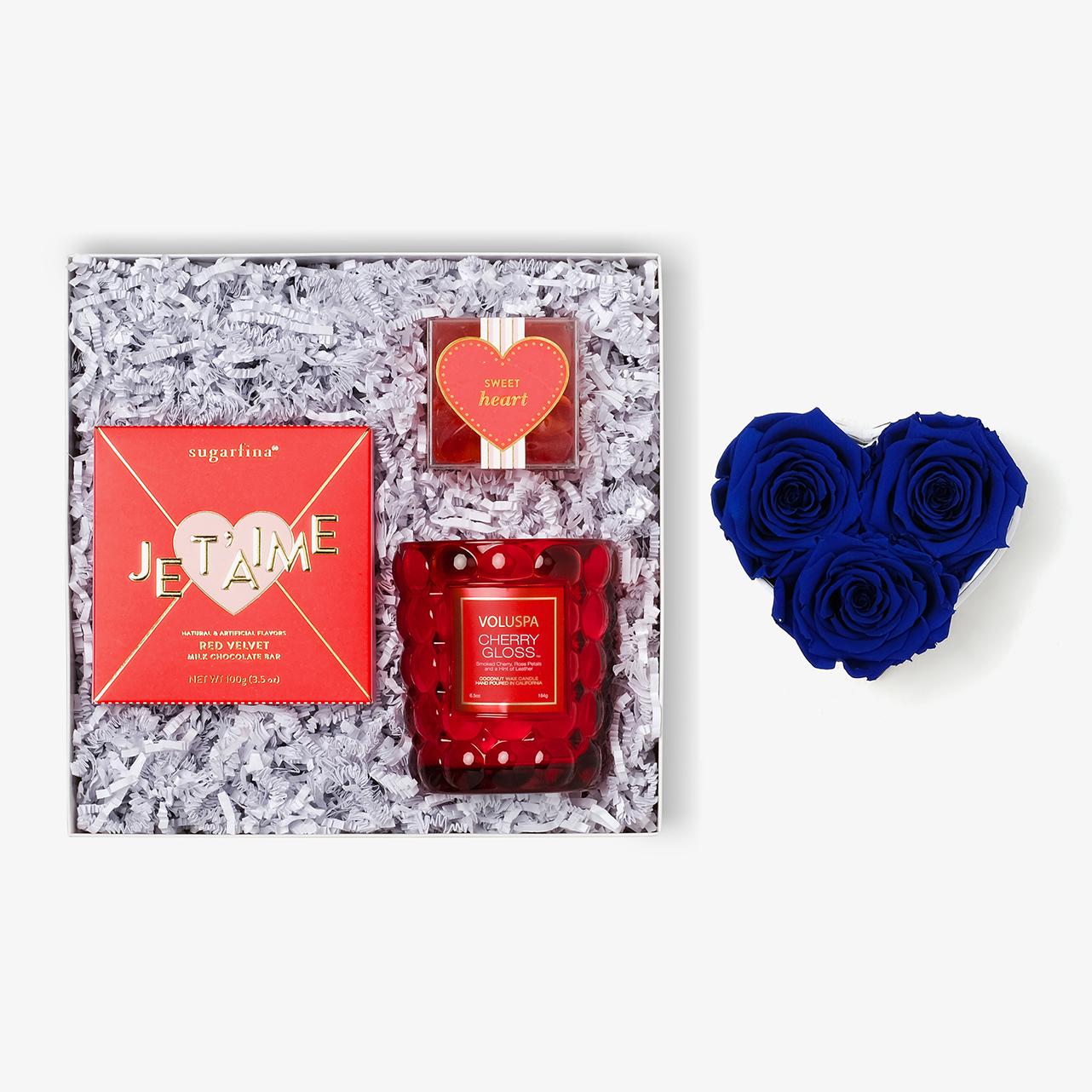 Candle & Treats - Small Heart Box - Royal Blue Rose - Black Box