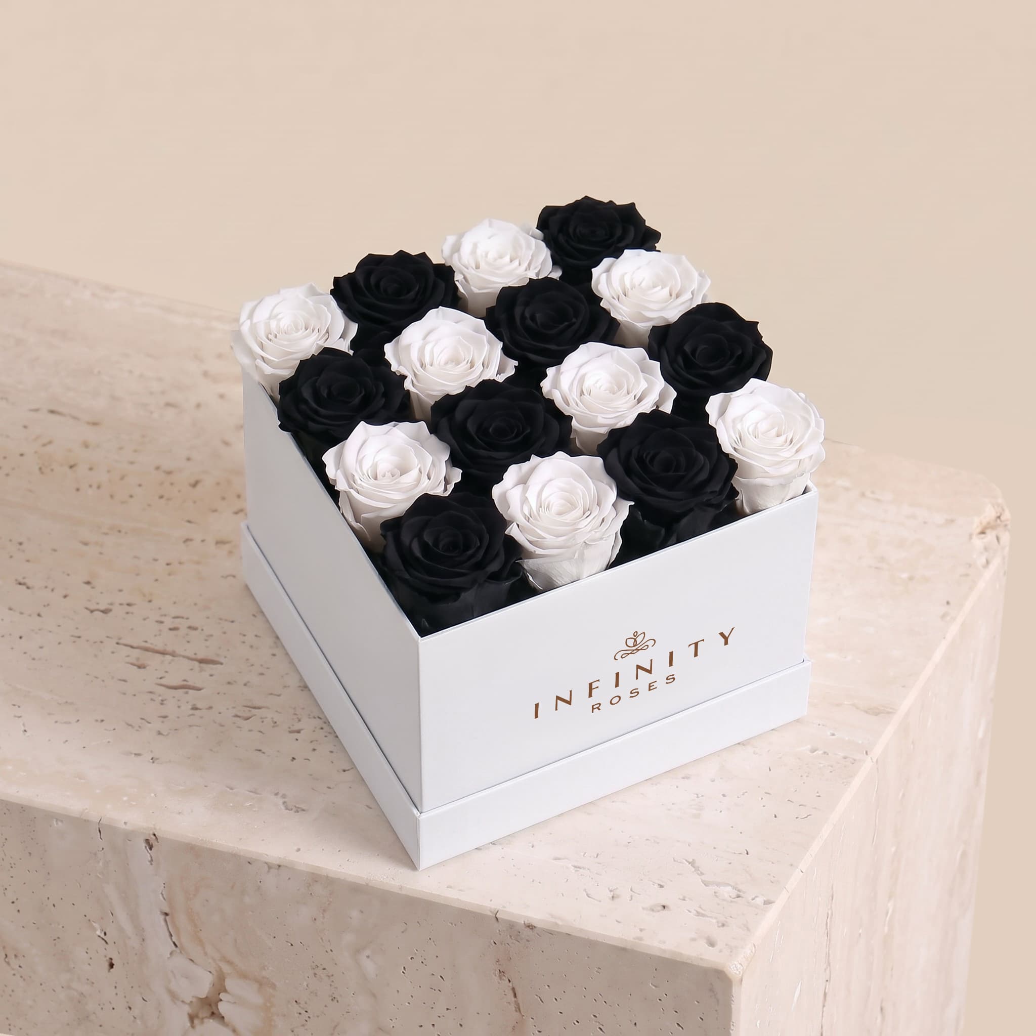 Large Square Rose Box - Tuxedo Rose - White Box