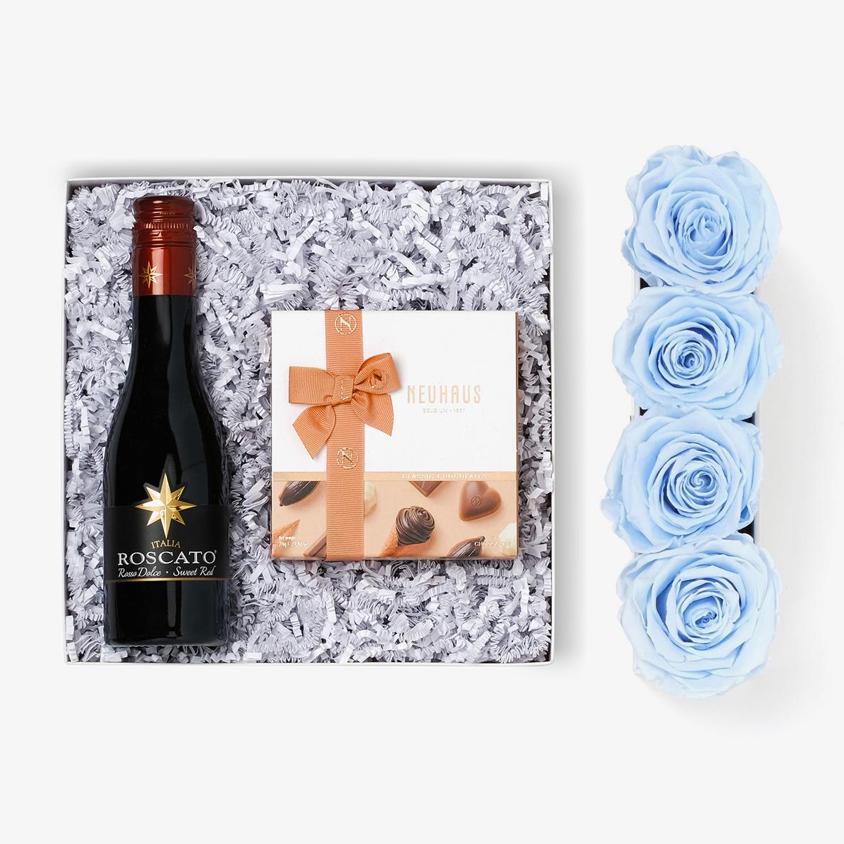 Wine Bundle (Small Rose Box) - Baby Blue Rose - Black Box