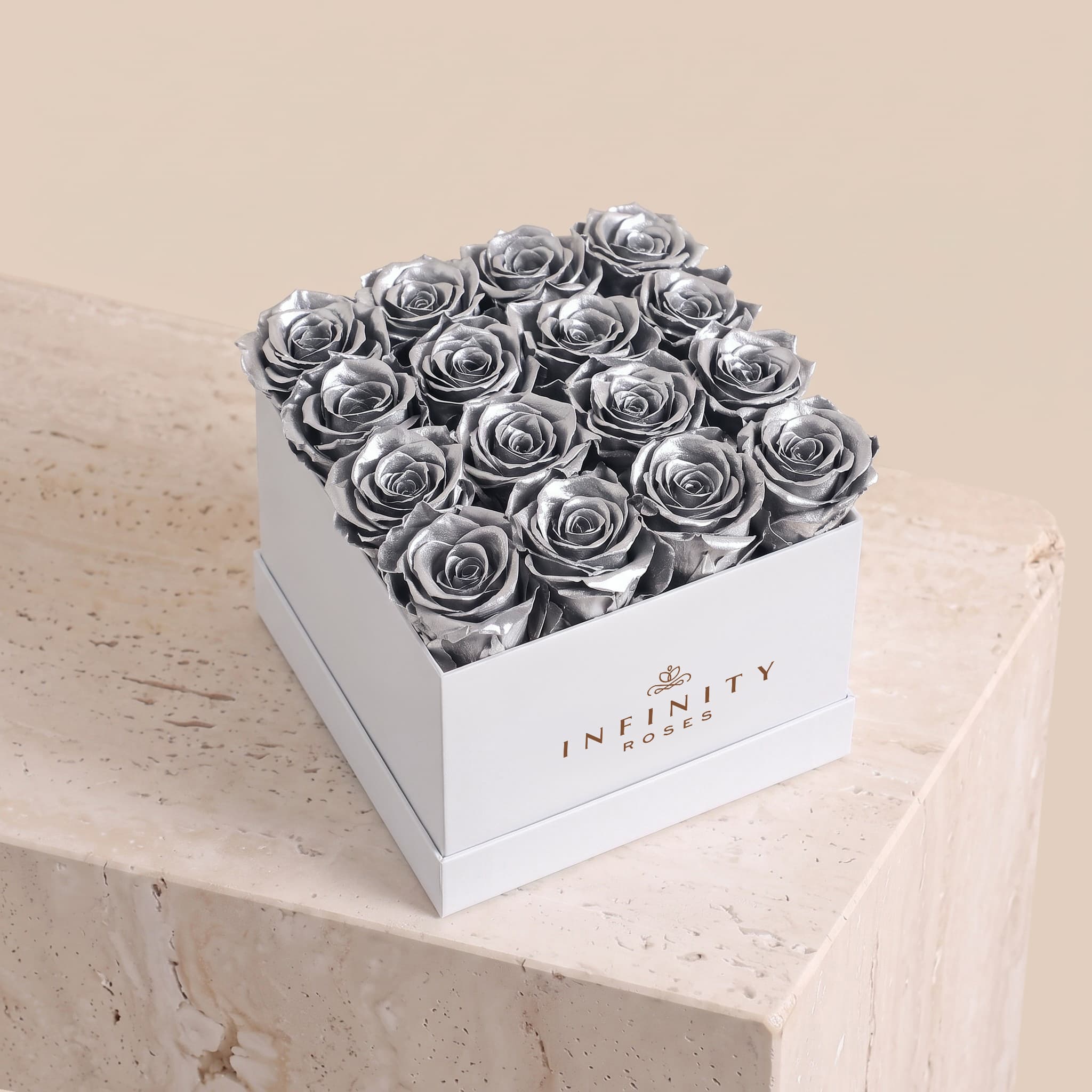 Large Square Rose Box - Silver Rose - White Box