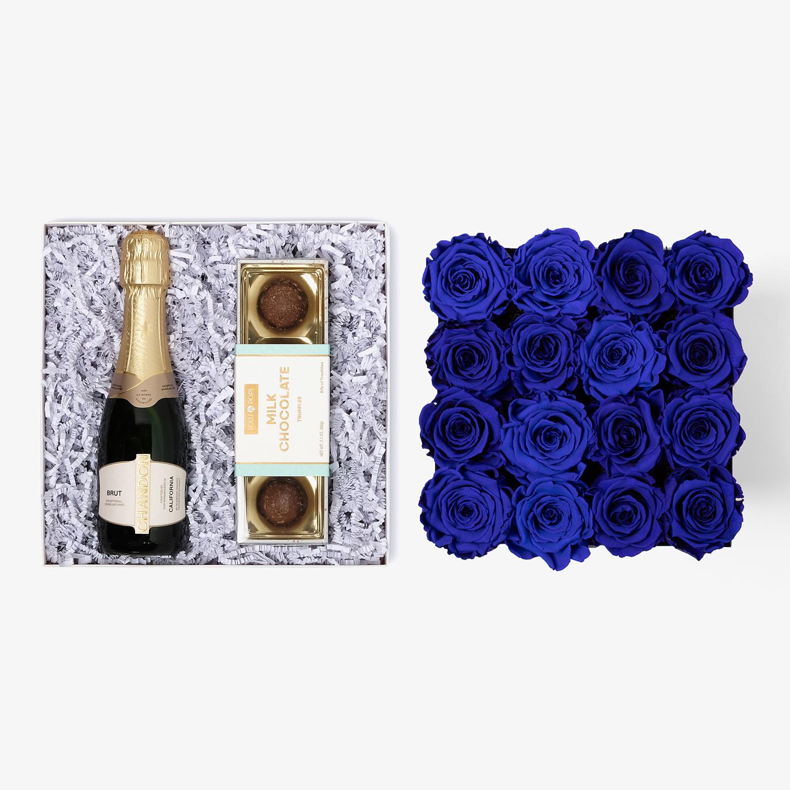 Champagne & Truffles - Large Square Box - Royal Blue Rose - Black Box