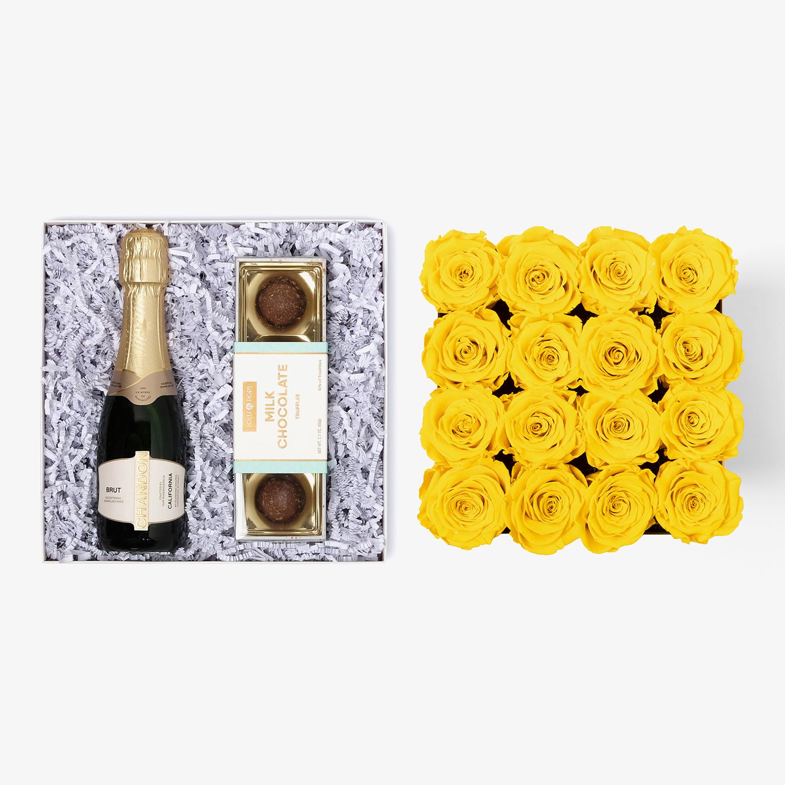 Champagne & Truffles - Large Square Box - Yellow Rose - Black Box