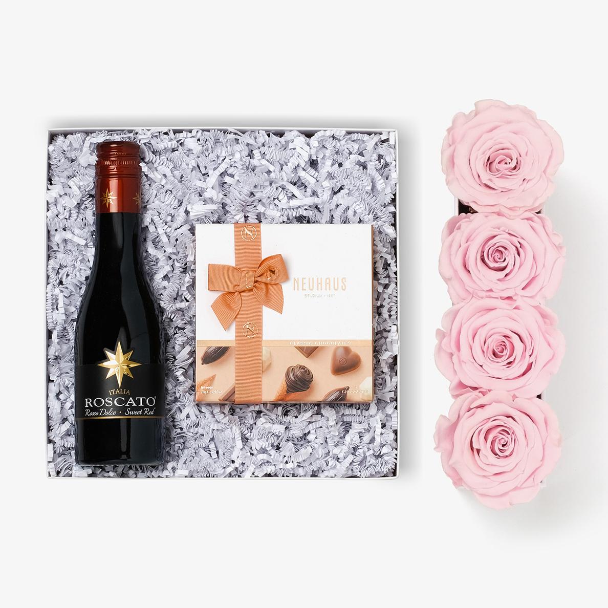 Wine Bundle (Small Rose Box) - Pink Rose - Black Box