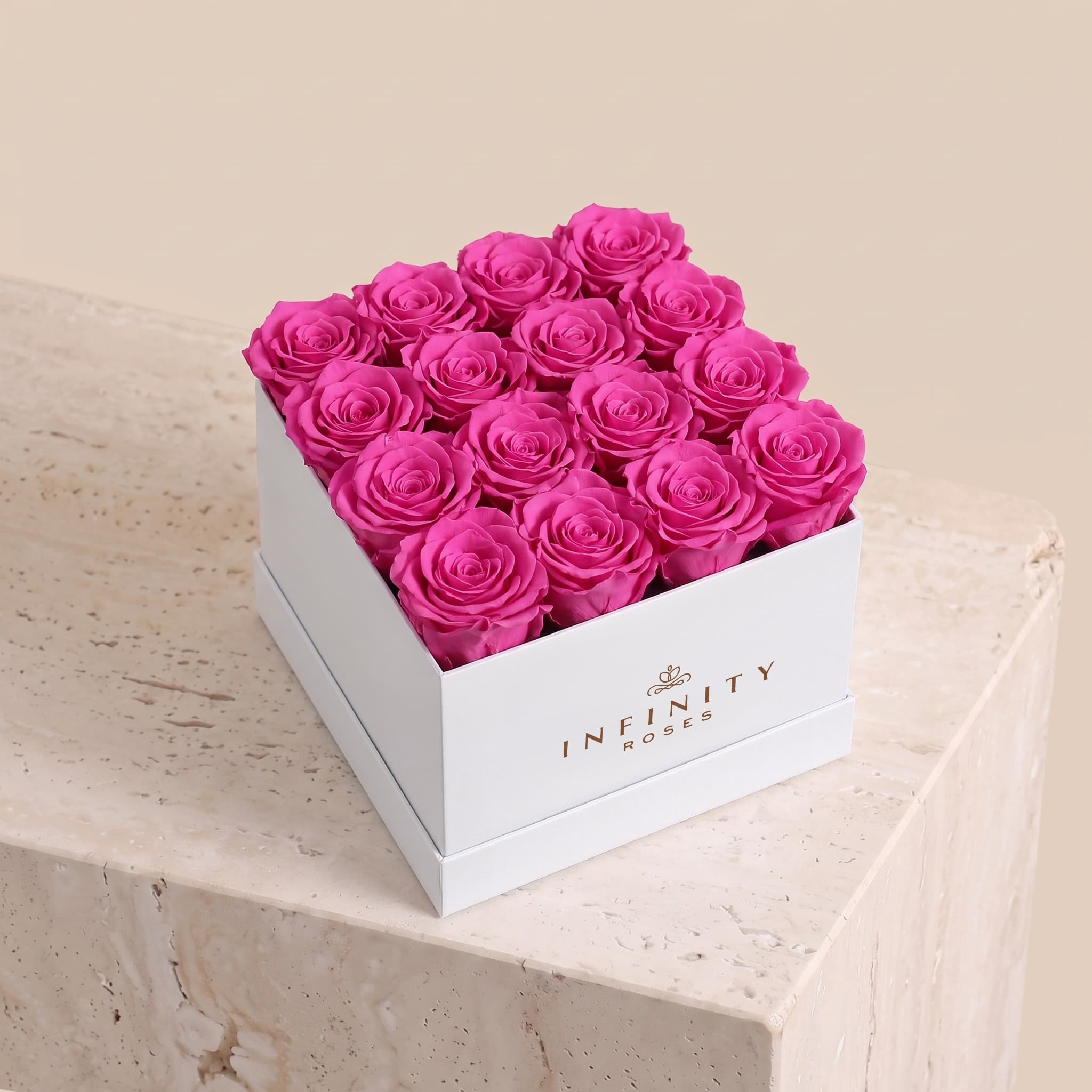 Large Square Rose Box - Hot Pink Rose - White Box