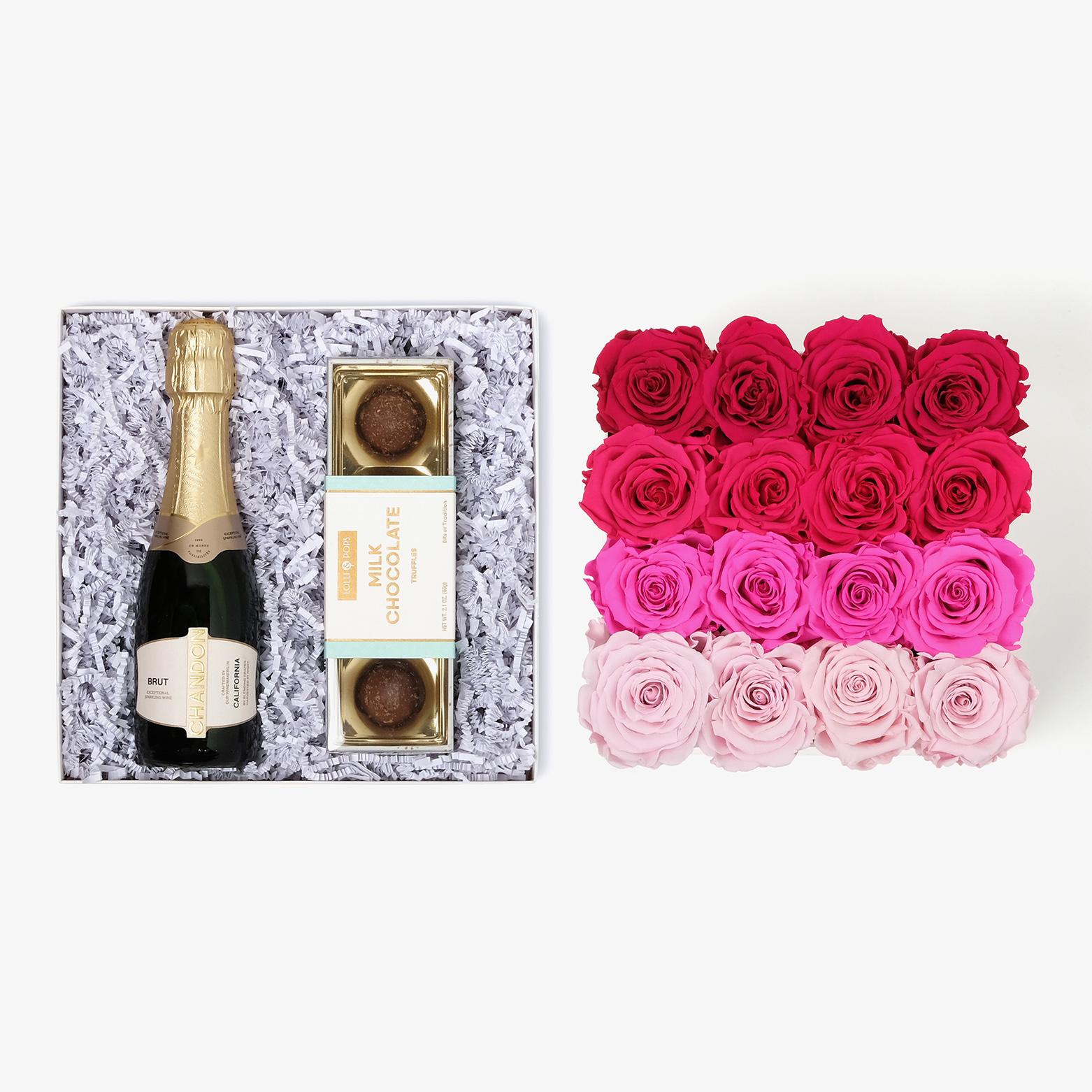Champagne & Truffles - Large Square Box - Pink Ombre Rose - Black Box