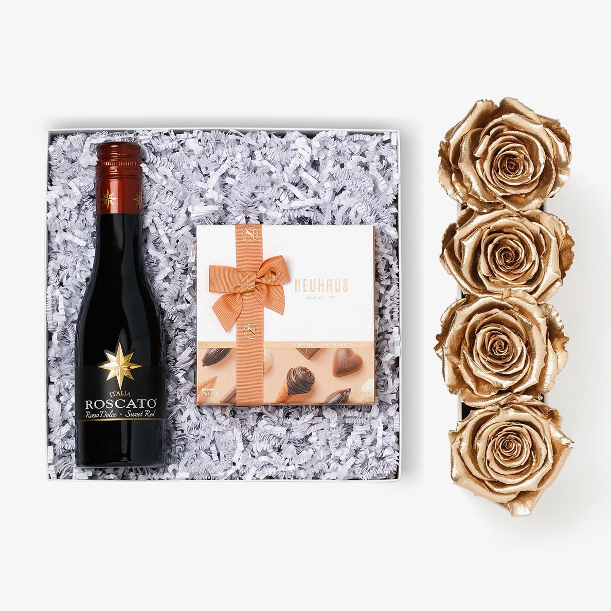 Wine Bundle (Small Rose Box) - Gold Rose - Black Box