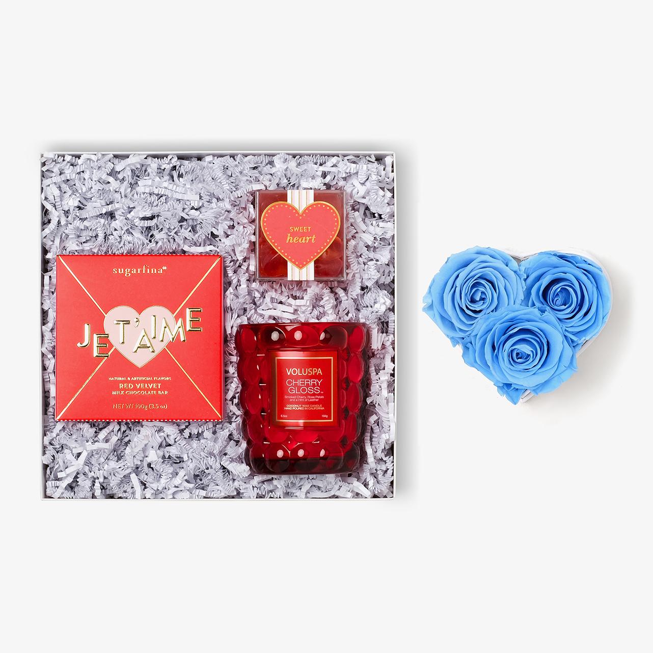 Candle & Treats - Small Heart Box - Baby Blue Rose - Black Box