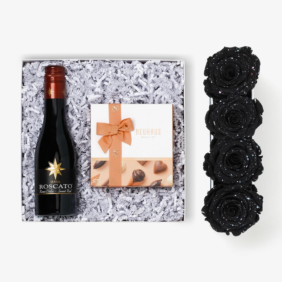 Wine & Truffles - Small Rose Box - Black Galaxy Rose - White Box