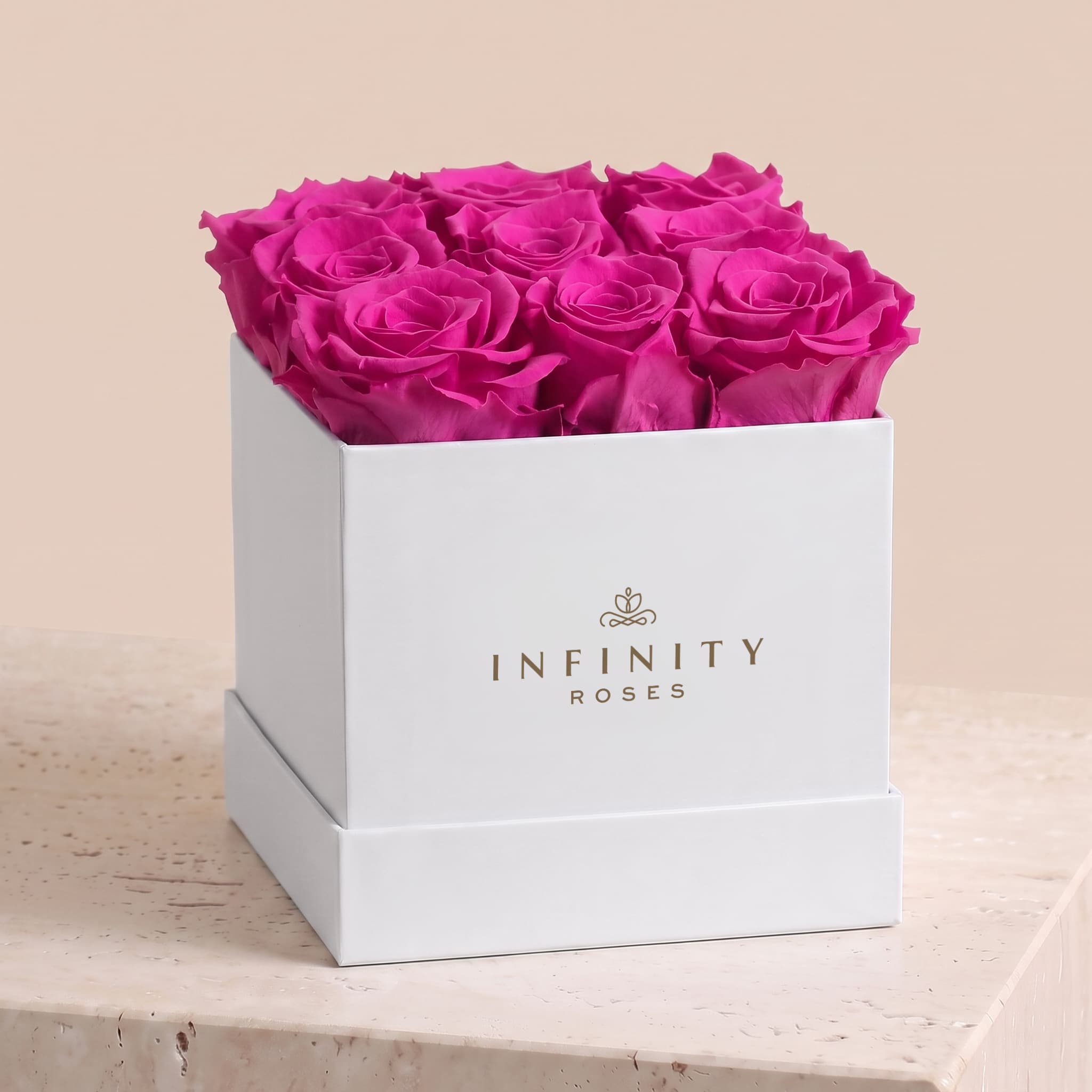 Medium Square Rose Box - Hot Pink Rose - White Box