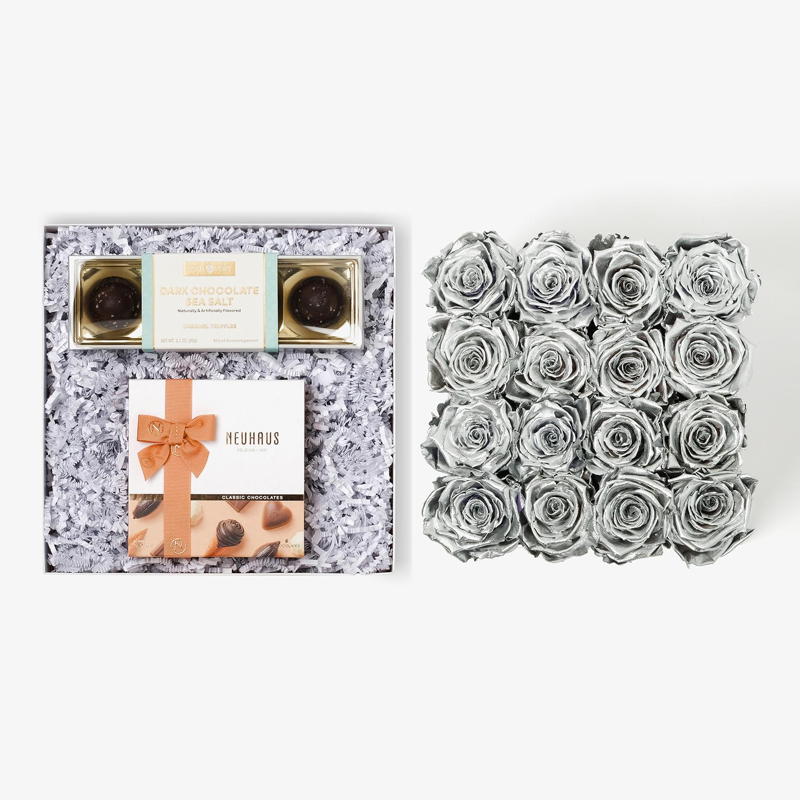 Chocolate Duo Luxe - Large Square Box - Silver Rose - White Box