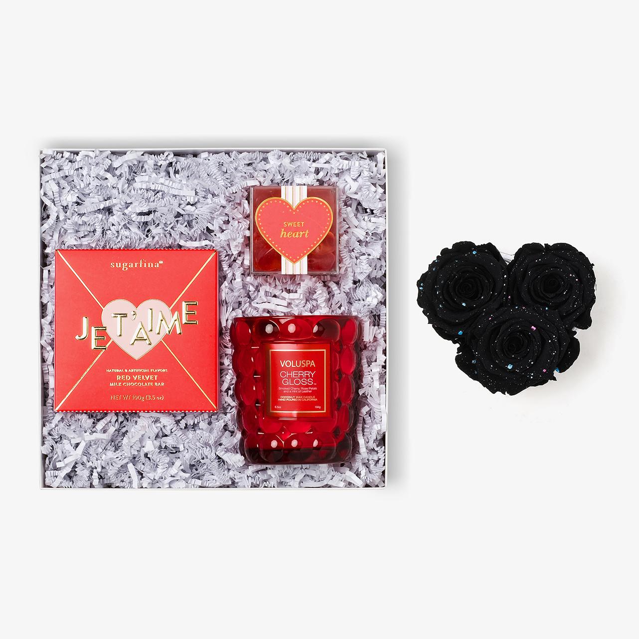 Candle & Treats - Small Heart Box - Black Galaxy Rose - Black Box