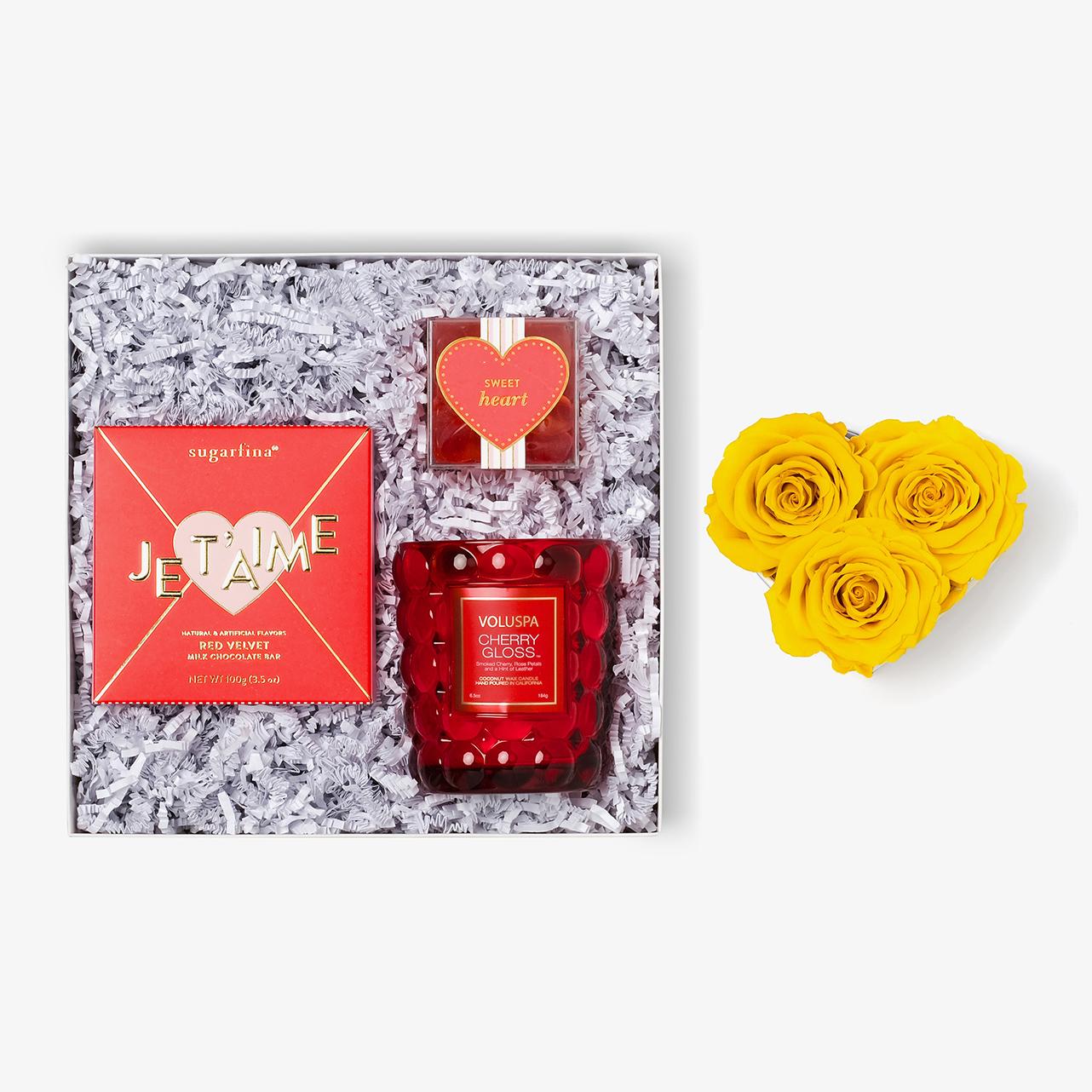 Candle & Treats - Small Heart Box - Yellow Rose - Black Box