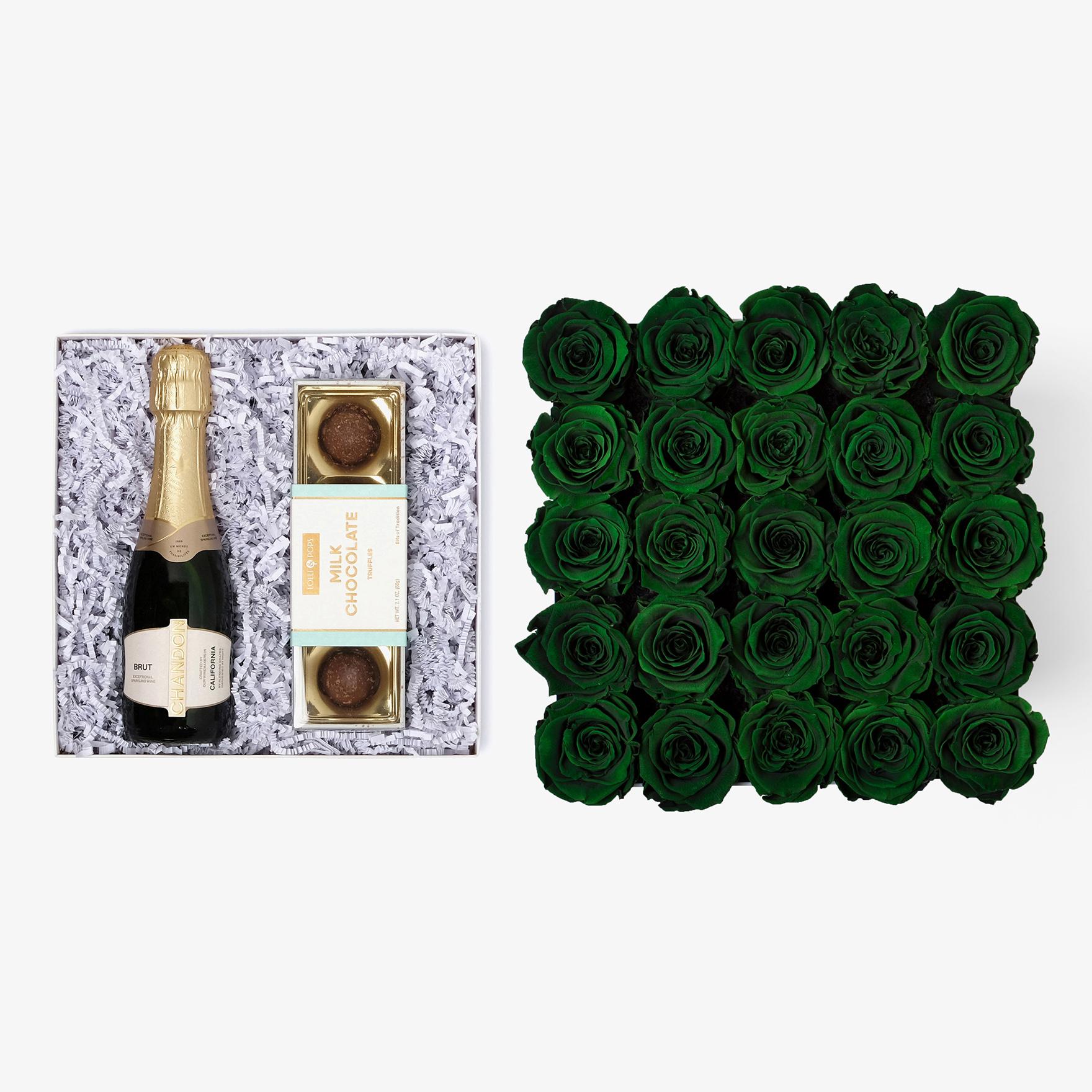 Champagne & Truffles - X-Large Square Box - Emerald Green Rose - White Box