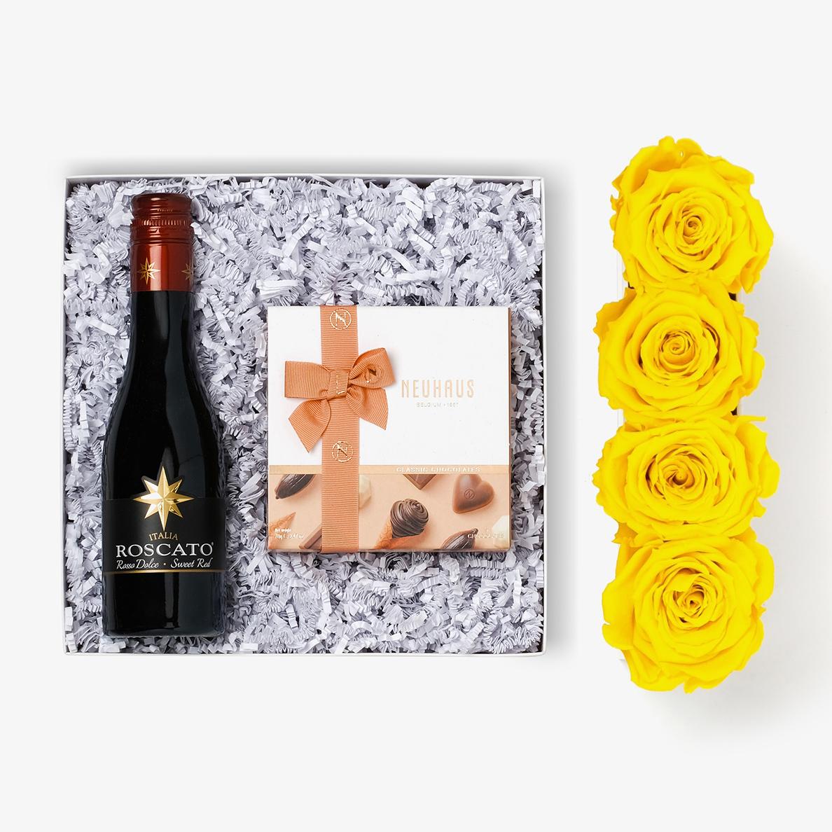 Wine Bundle (Small Rose Box) - Yellow Rose - Black Box