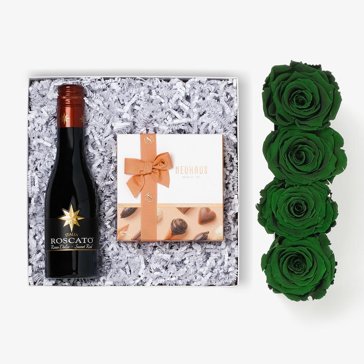 Wine Bundle (Small Rose Box) - Emerald Green Rose - Black Box