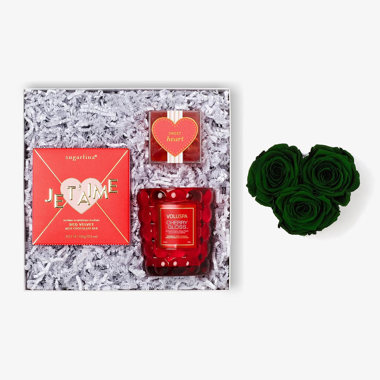 Candle & Treats - Small Heart Box - Emerald Green Rose - Black Box