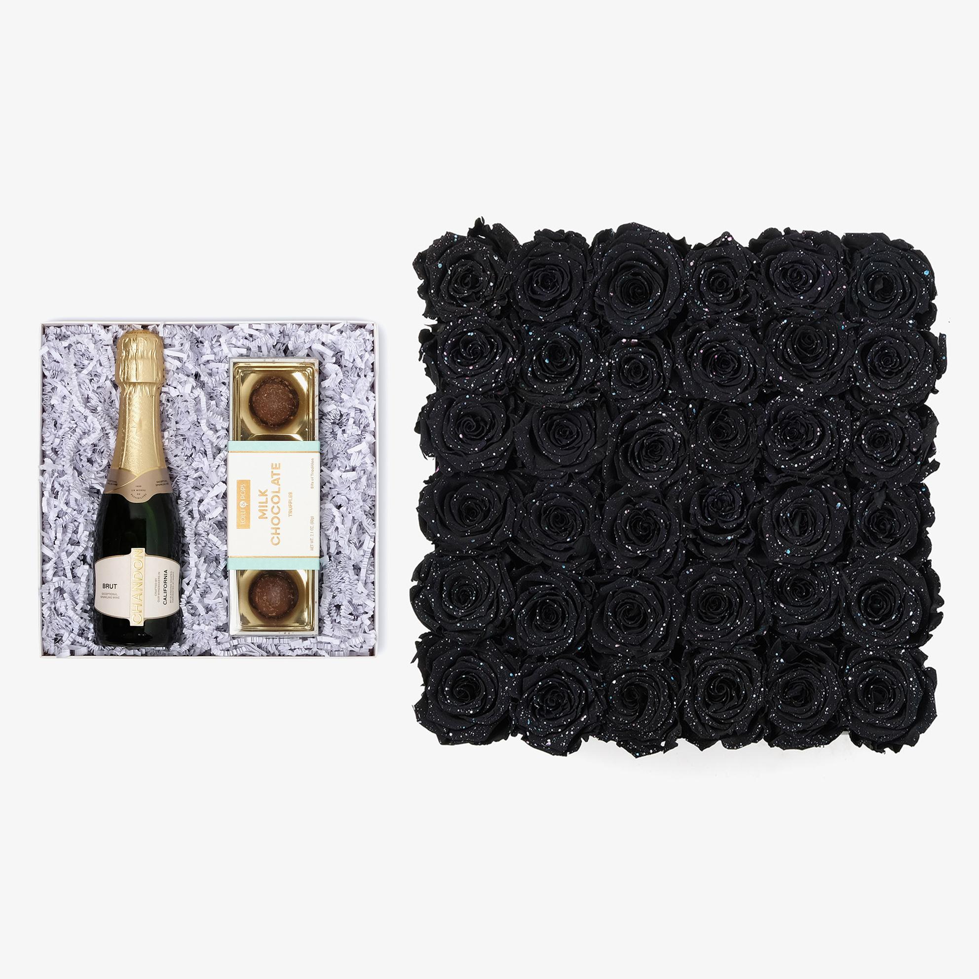 Champagne & Truffles - Grand Square Box - Black Galaxy Rose - White Box