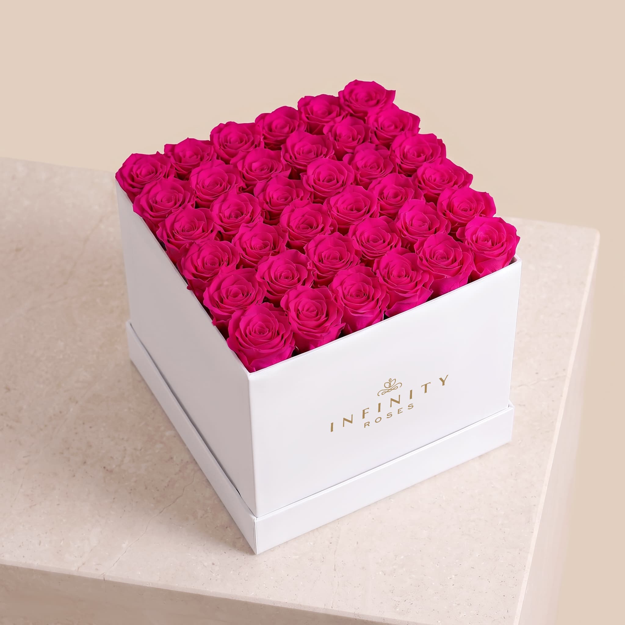 Grand Square Rose Box - Fuchsia Rose - White Box