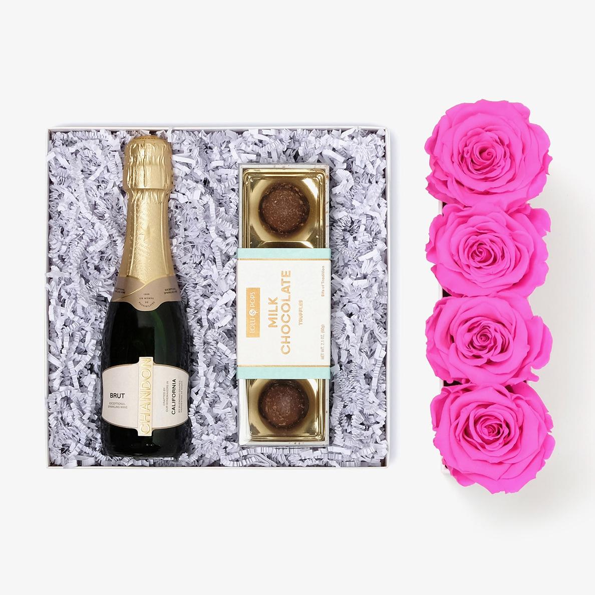 Champagne & Truffles - Small Rose Box - Hot Pink Rose - White Box