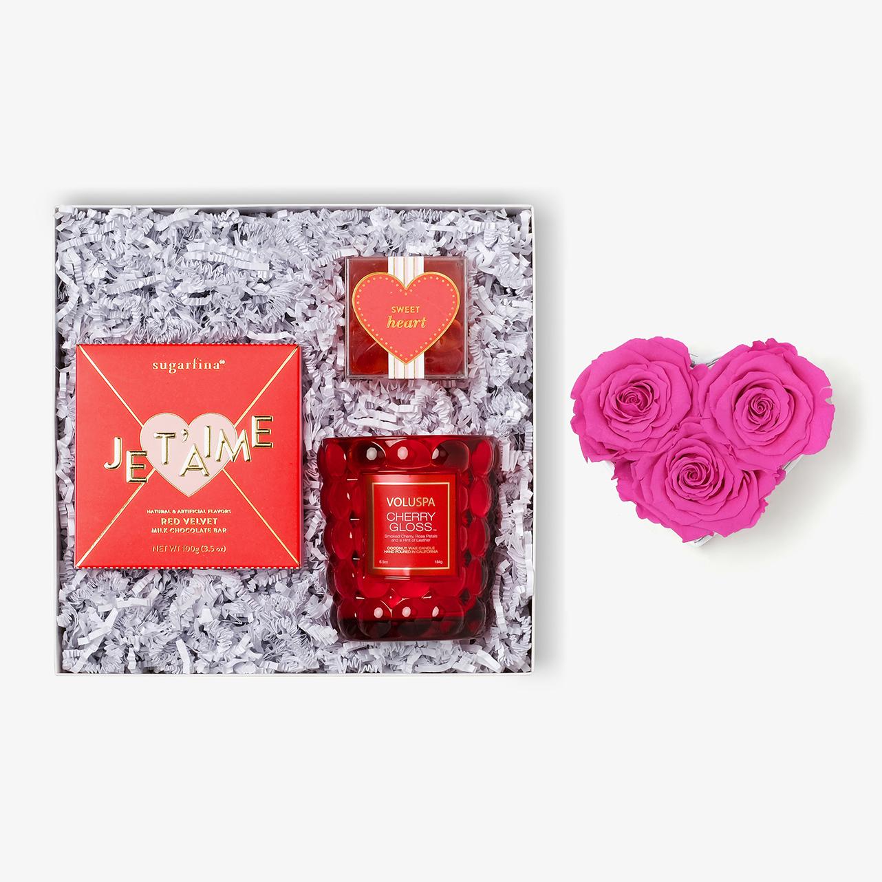 Candle & Treats - Small Heart Box - Hot Pink Rose - White Box
