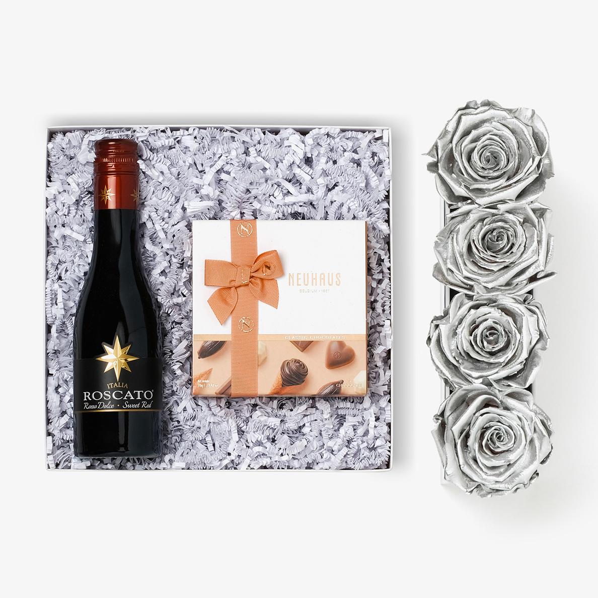 Wine & Truffles - Small Rose Box - Silver Rose - Black Box