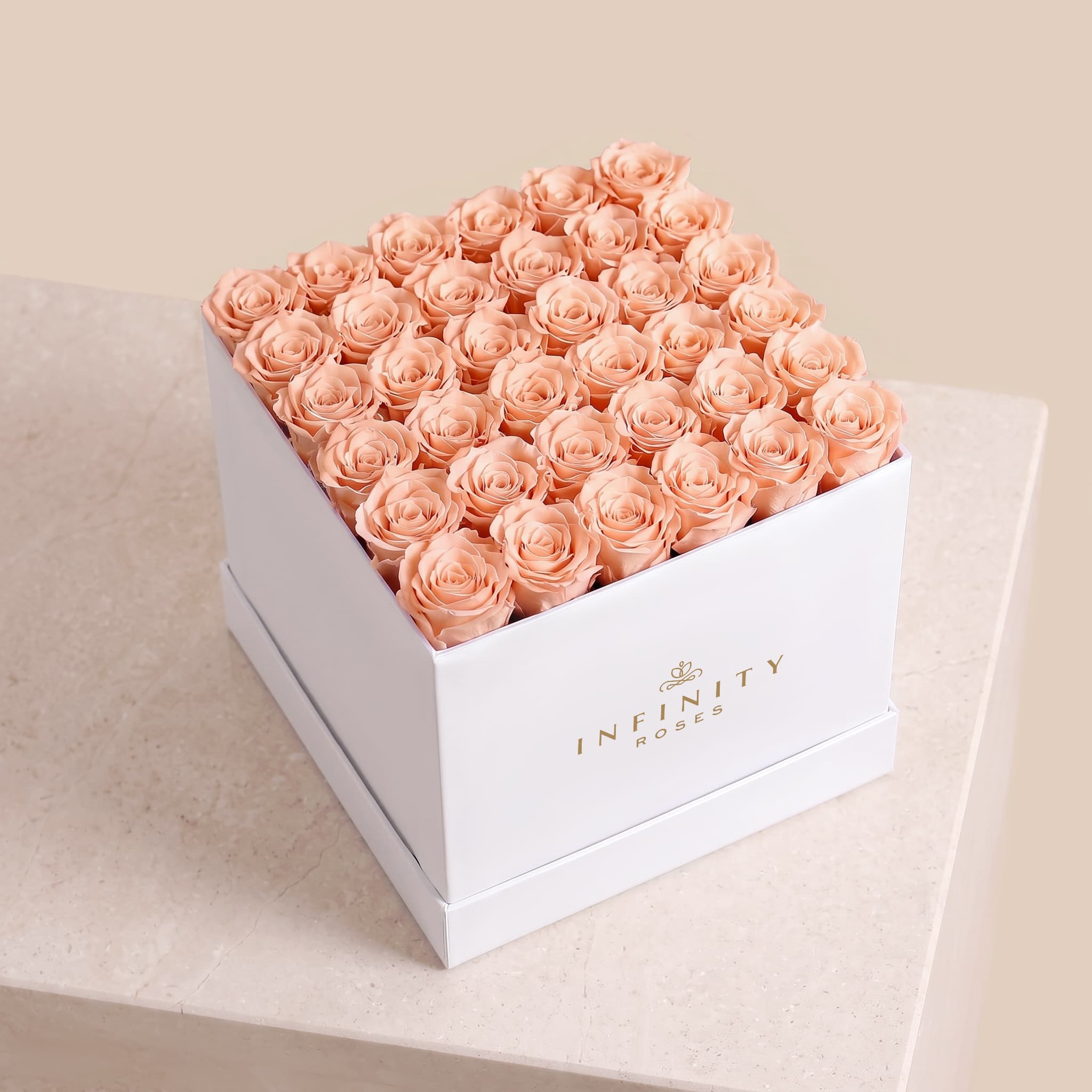 Grand Square Rose Box - Peach Rose - White Box