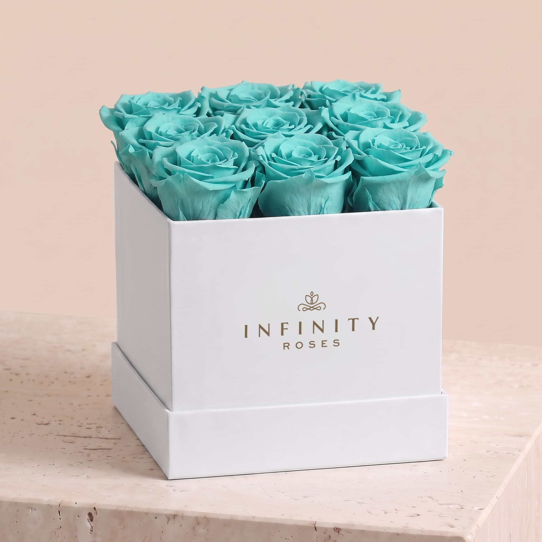 Medium Square Rose Box - Turquoise Rose - White Box