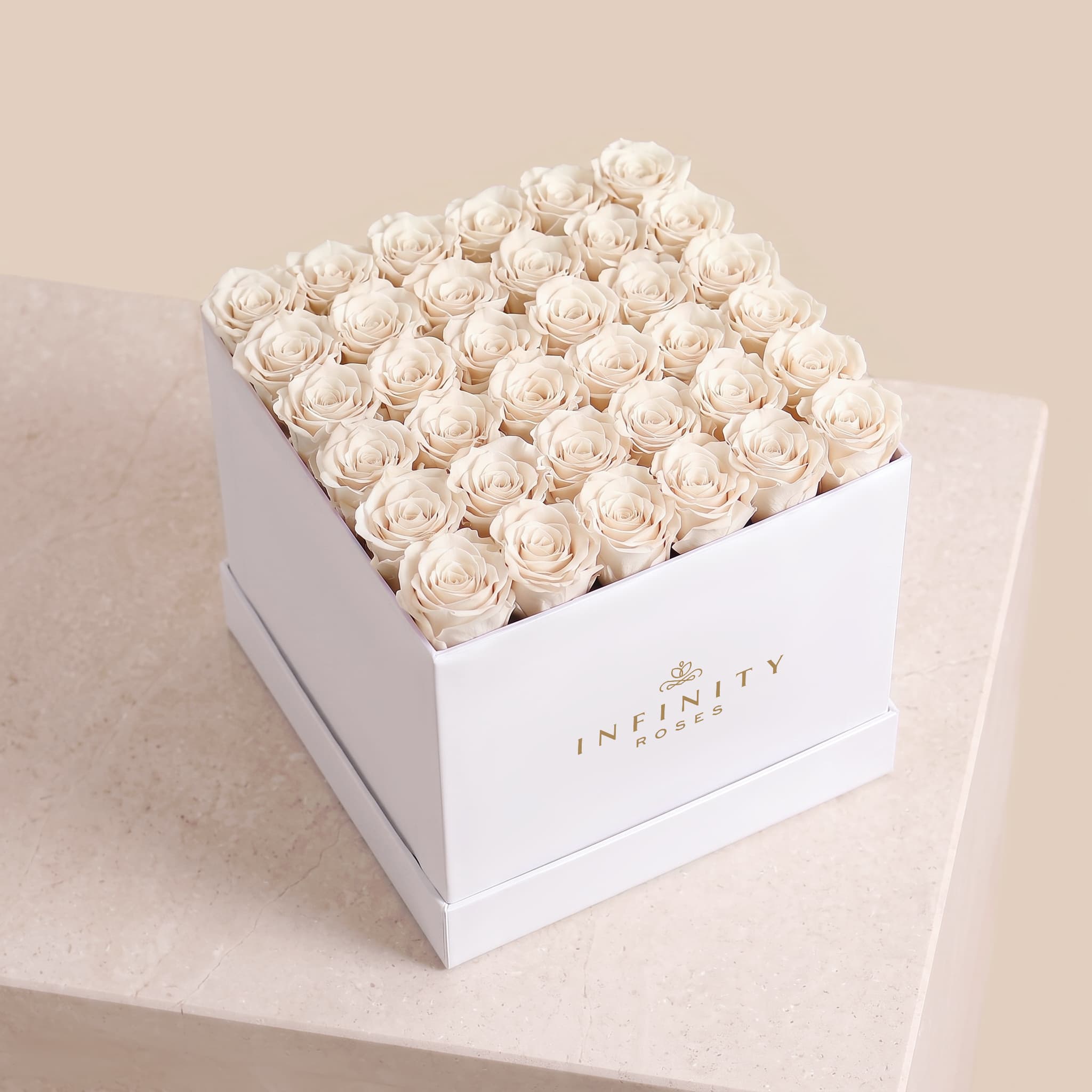 Grand Square Rose Box - Ivory Rose - White Box