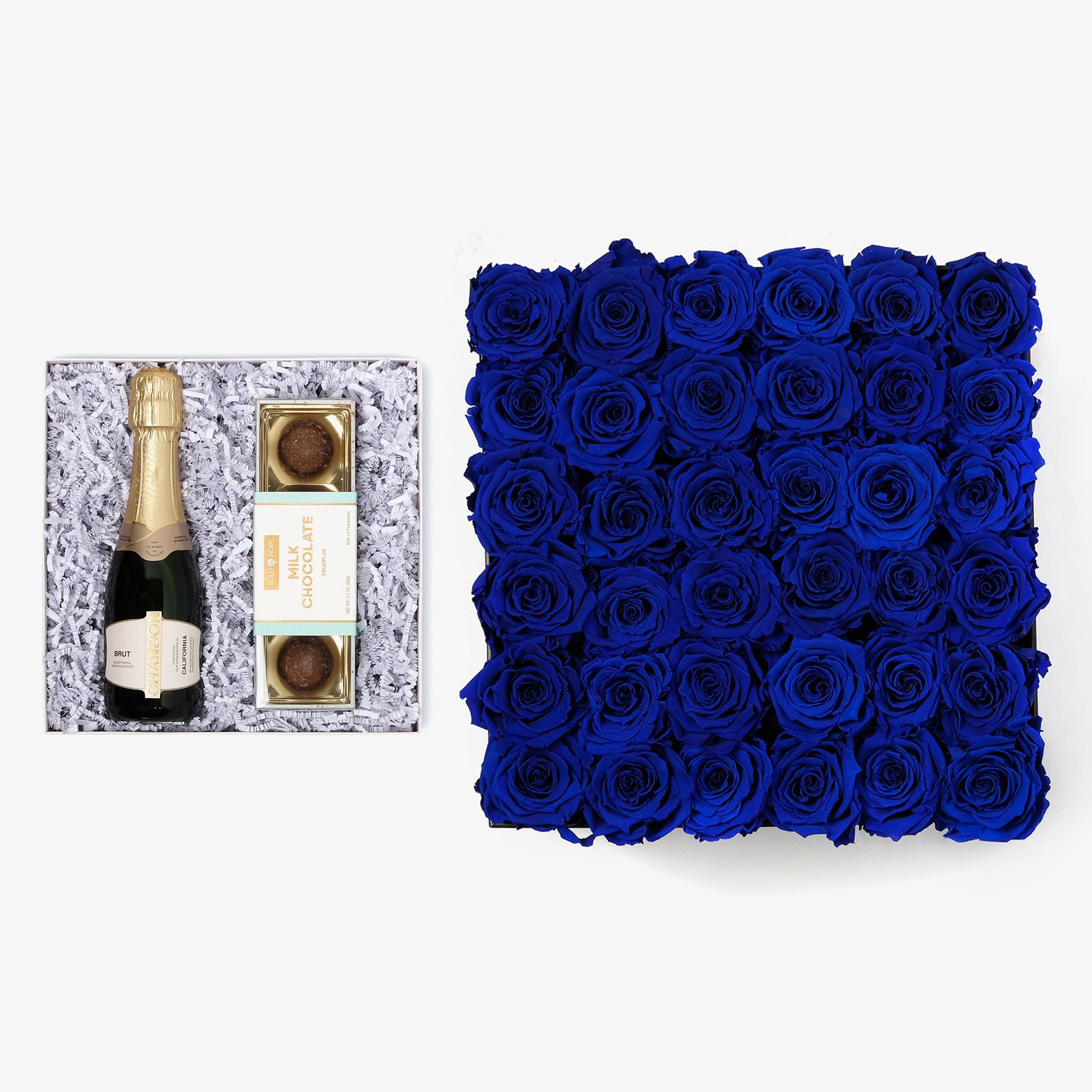 Champagne & Truffles - Grand Square Box - Royal Blue Rose - Black Box