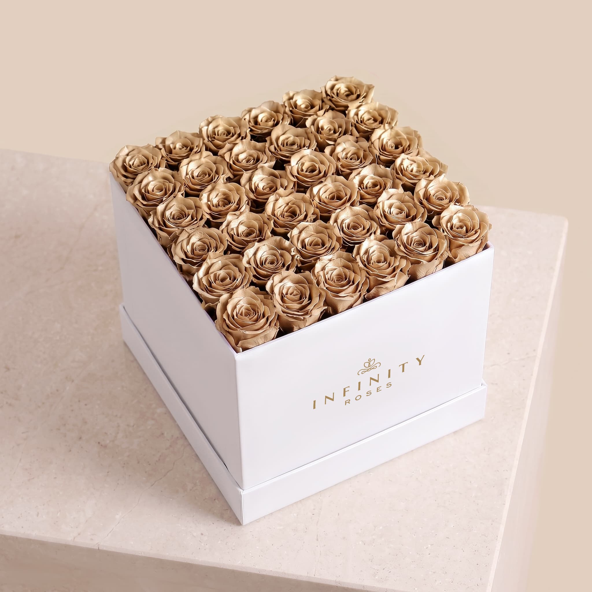 Grand Square Rose Box - Gold Rose - White Box