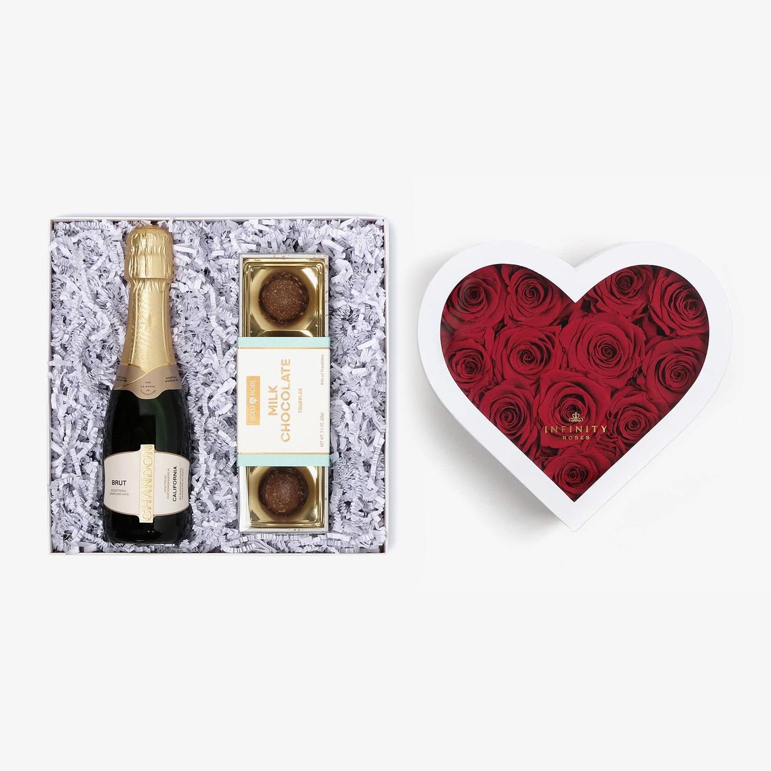 Champagne & Truffles - Medium Heart Box - Red Rose - White Box