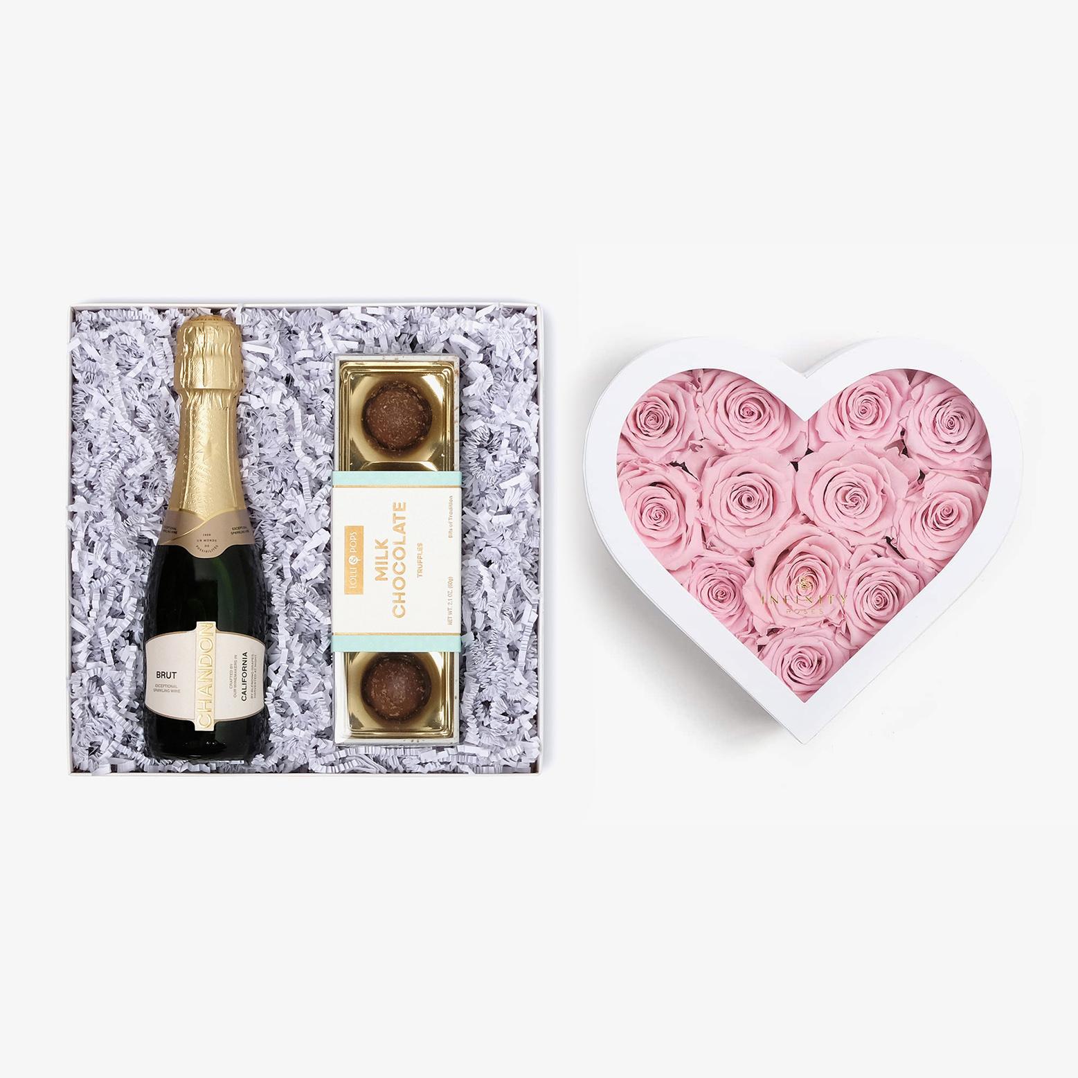 Champagne & Truffles - Medium Heart Box - Pink Rose - White Box